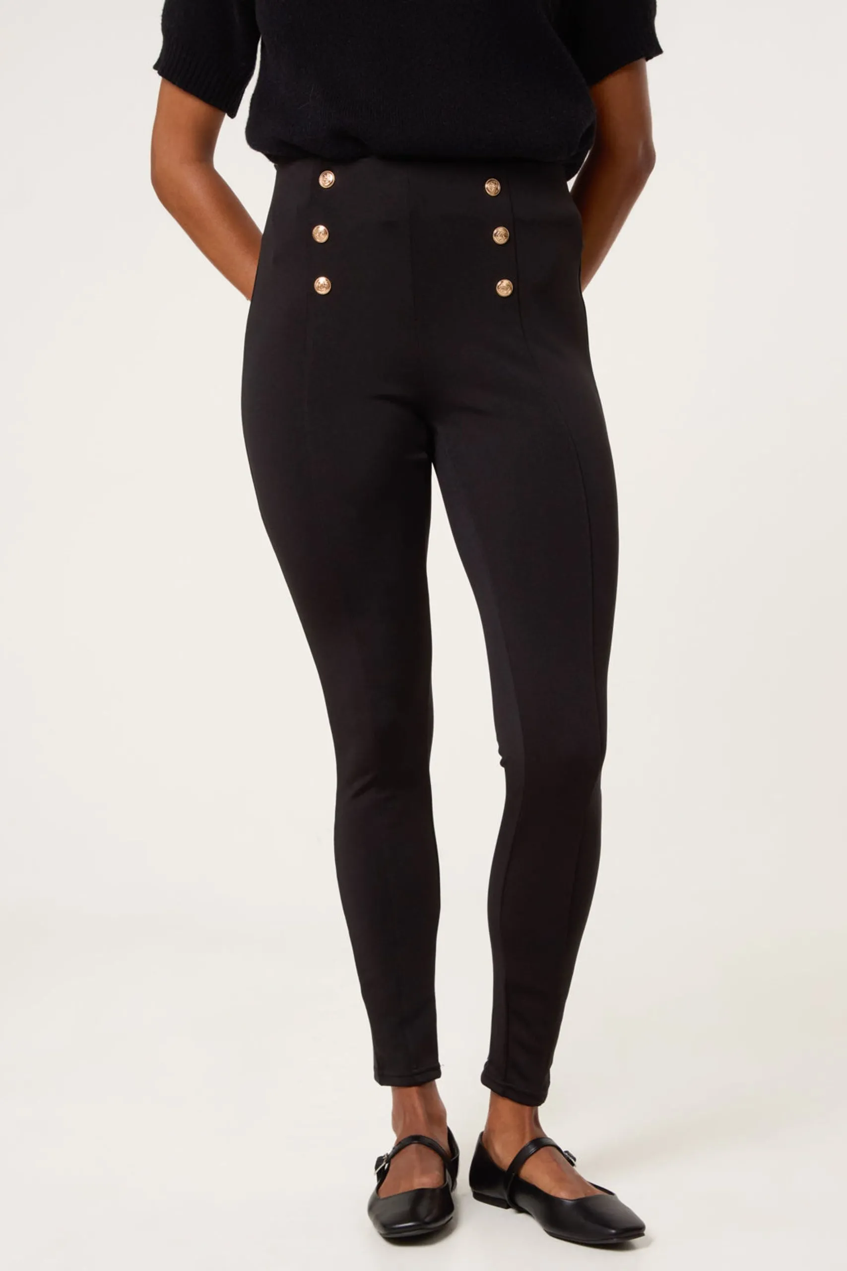 Black Button Detail Shaping Pants