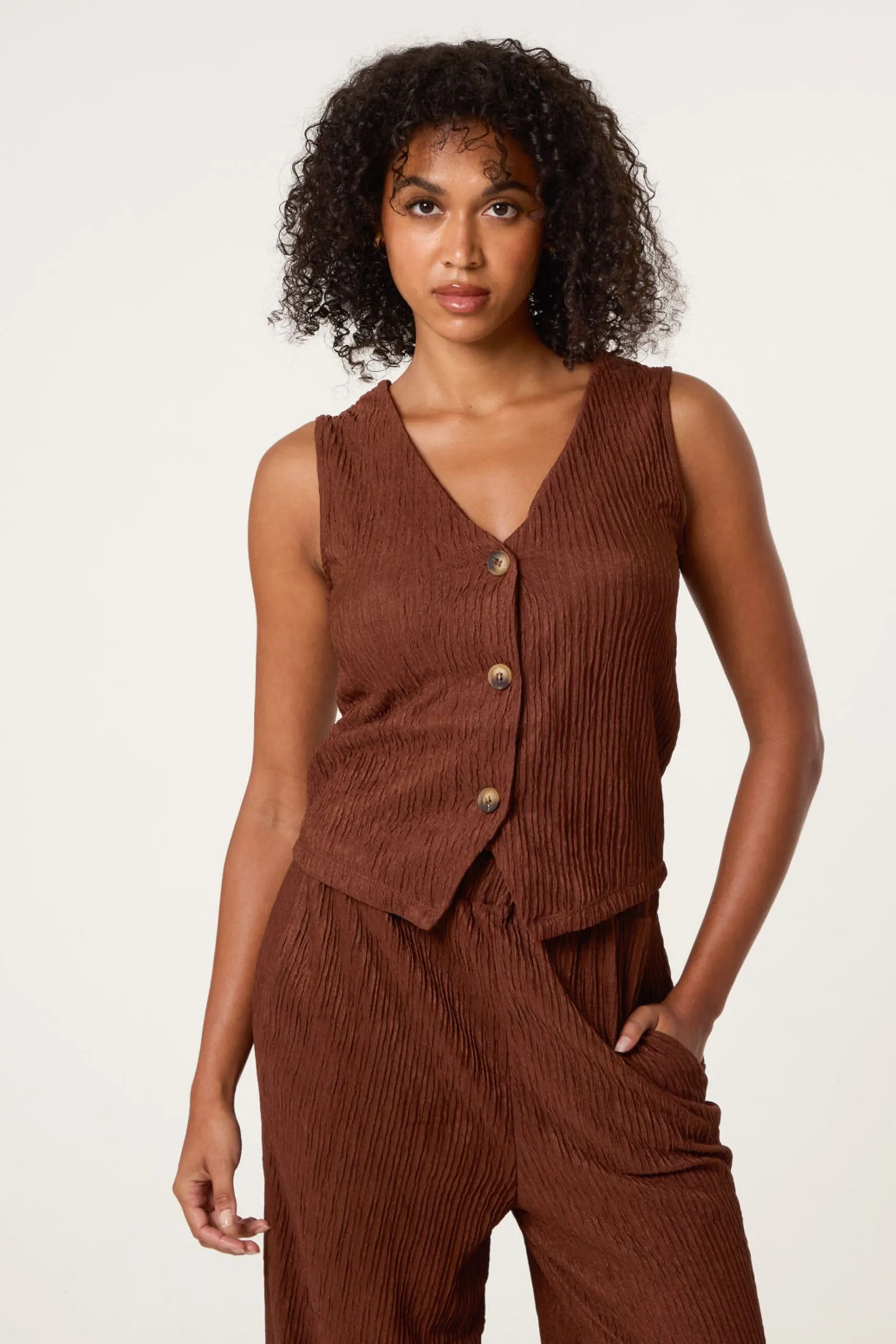 Brown Crinkle Button Front Waistcoat