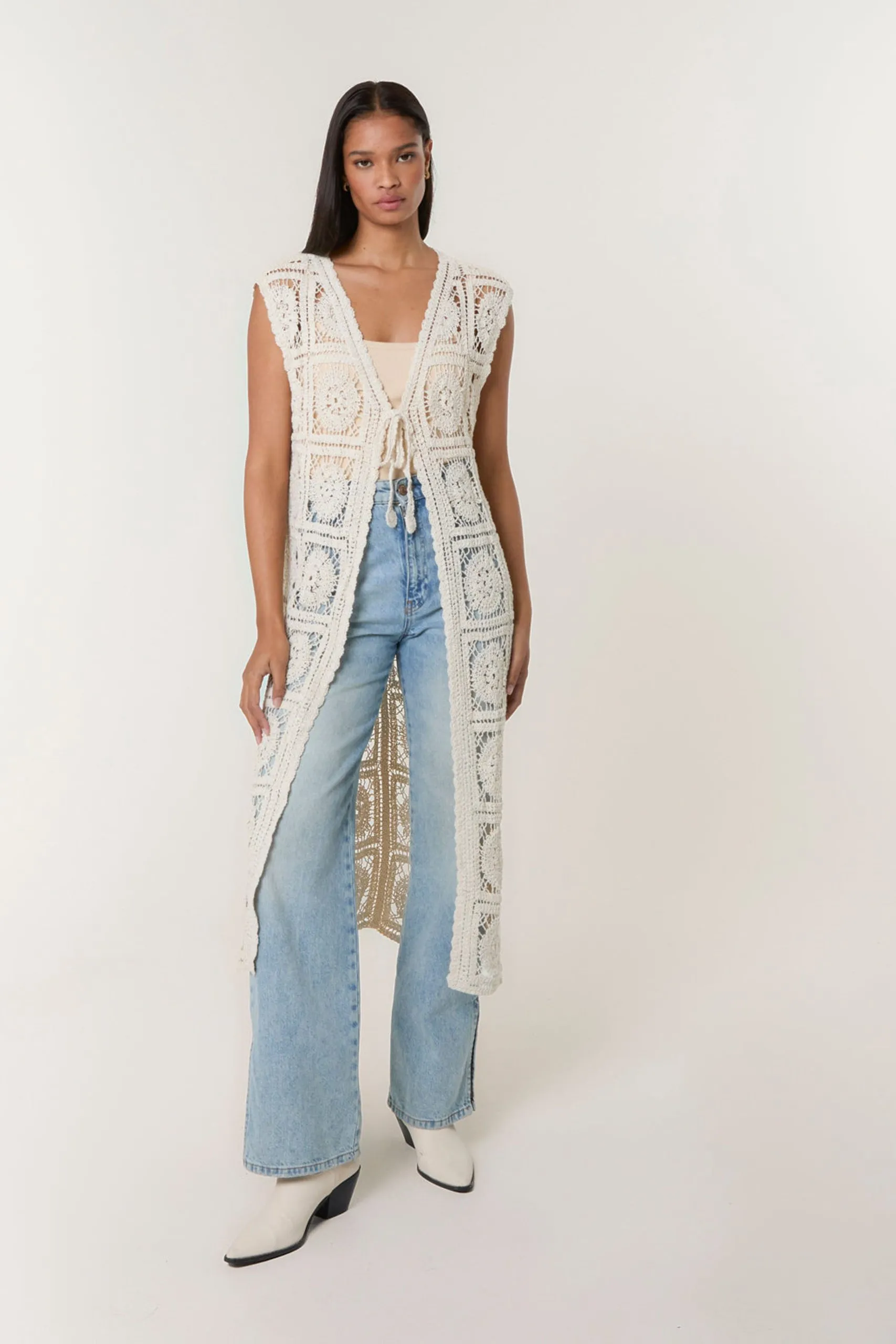 Light Brown Crochet Detailed Tie Front Cardigan