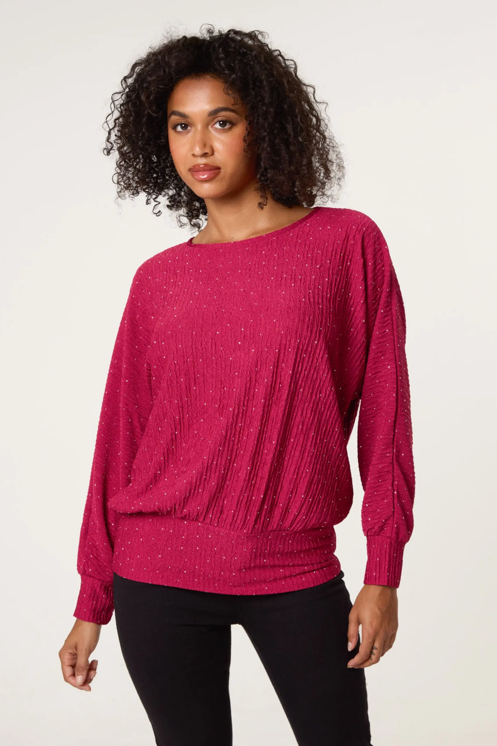 Wine Rhinestone Batwing Top