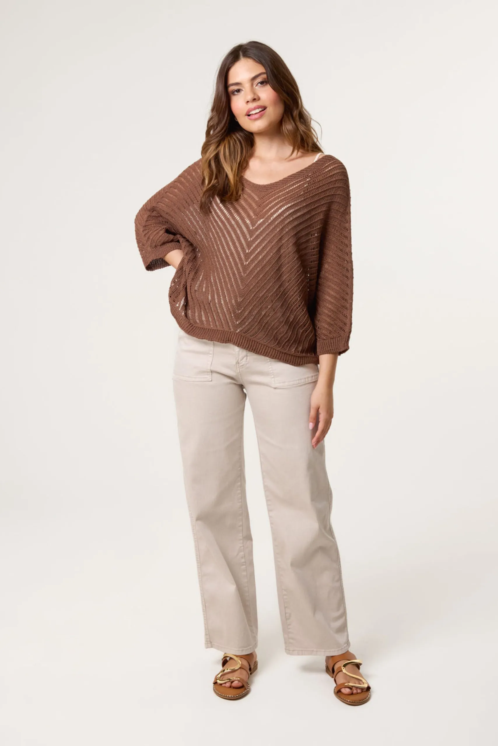 Brown Crochet V Neck Jumper