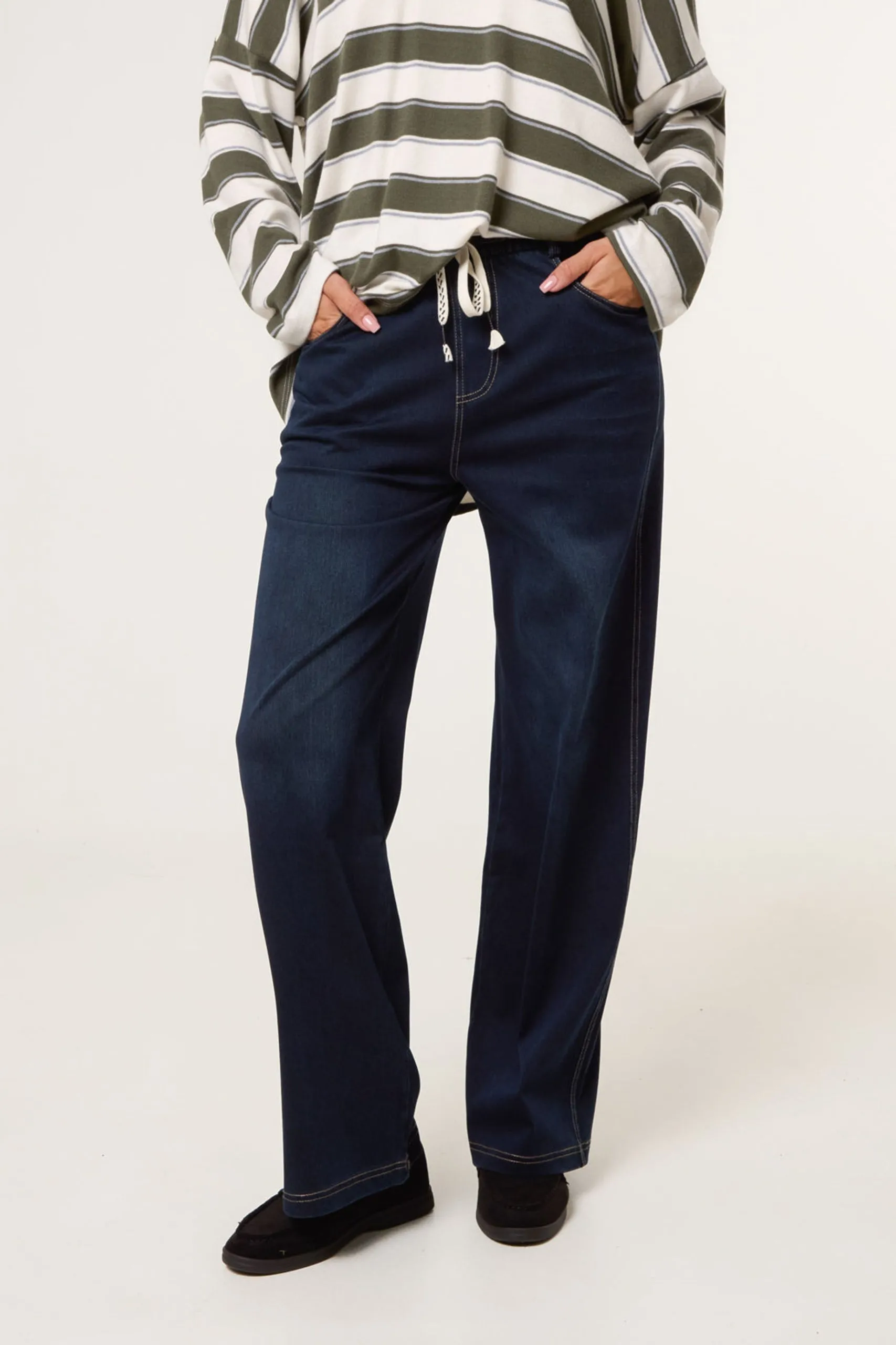 Navy Elasticated Waist Jeans With Tie