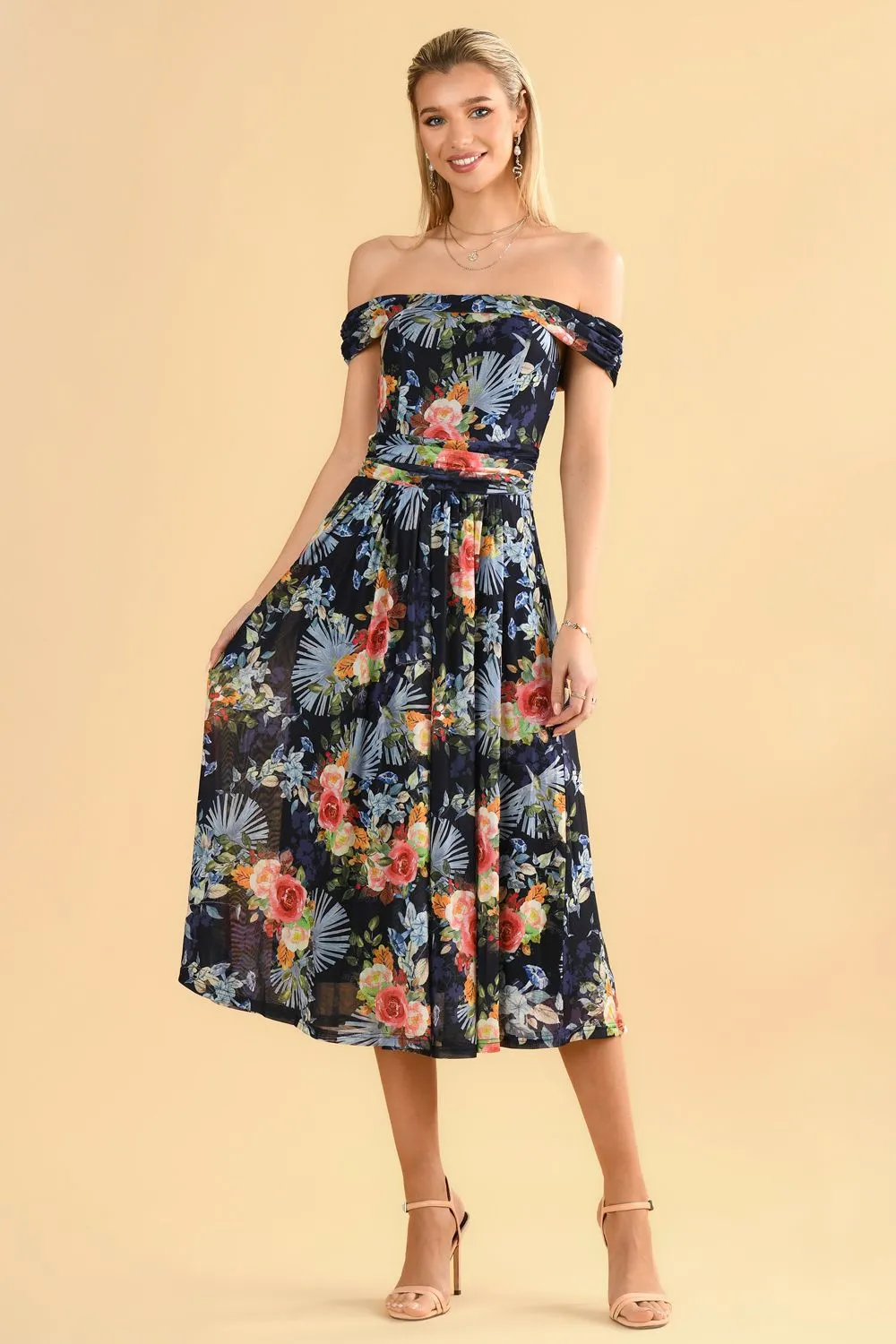 Rezka Off Shoulder Mesh Midi Dress