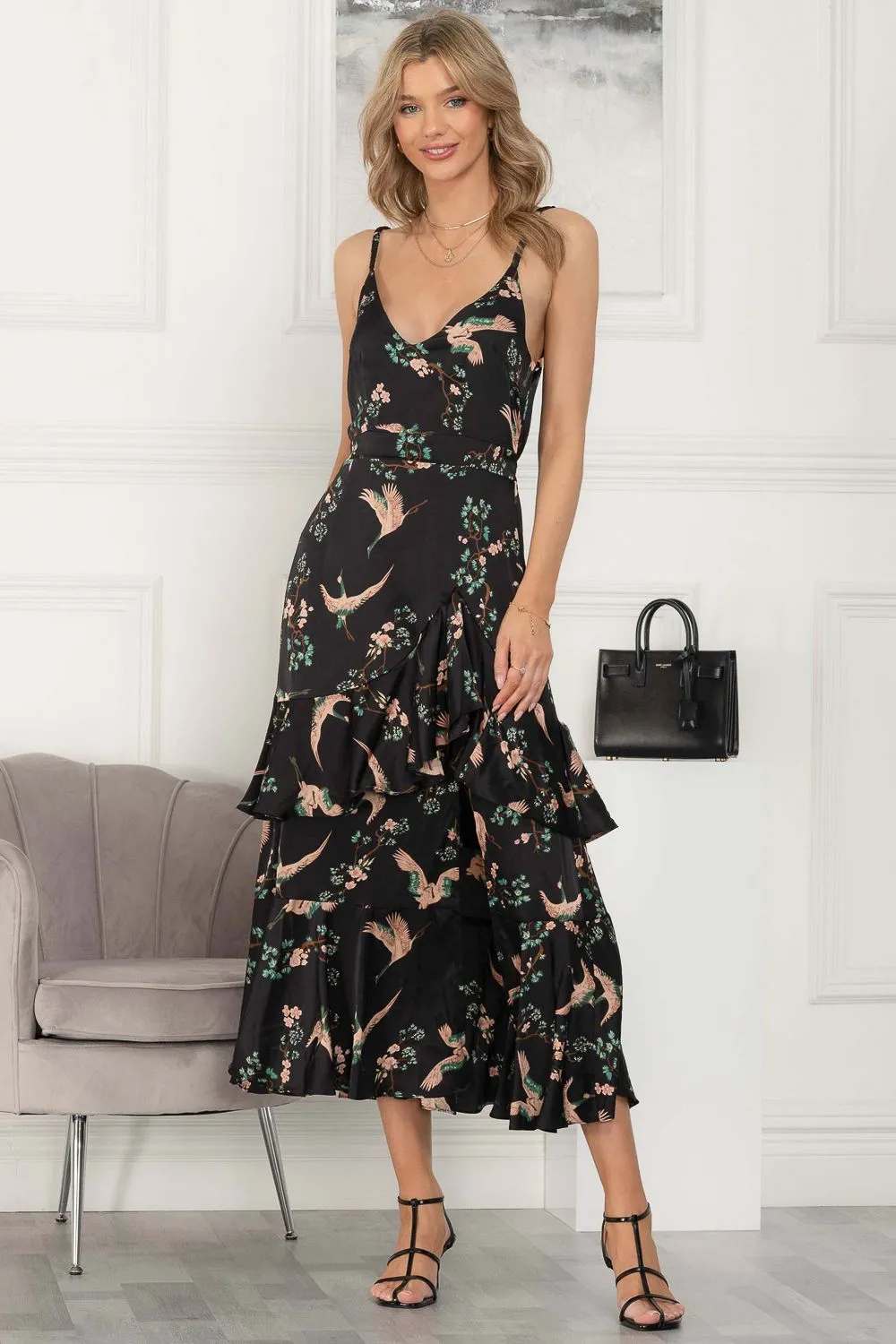 Retro Bird Print Satin Maxi dress