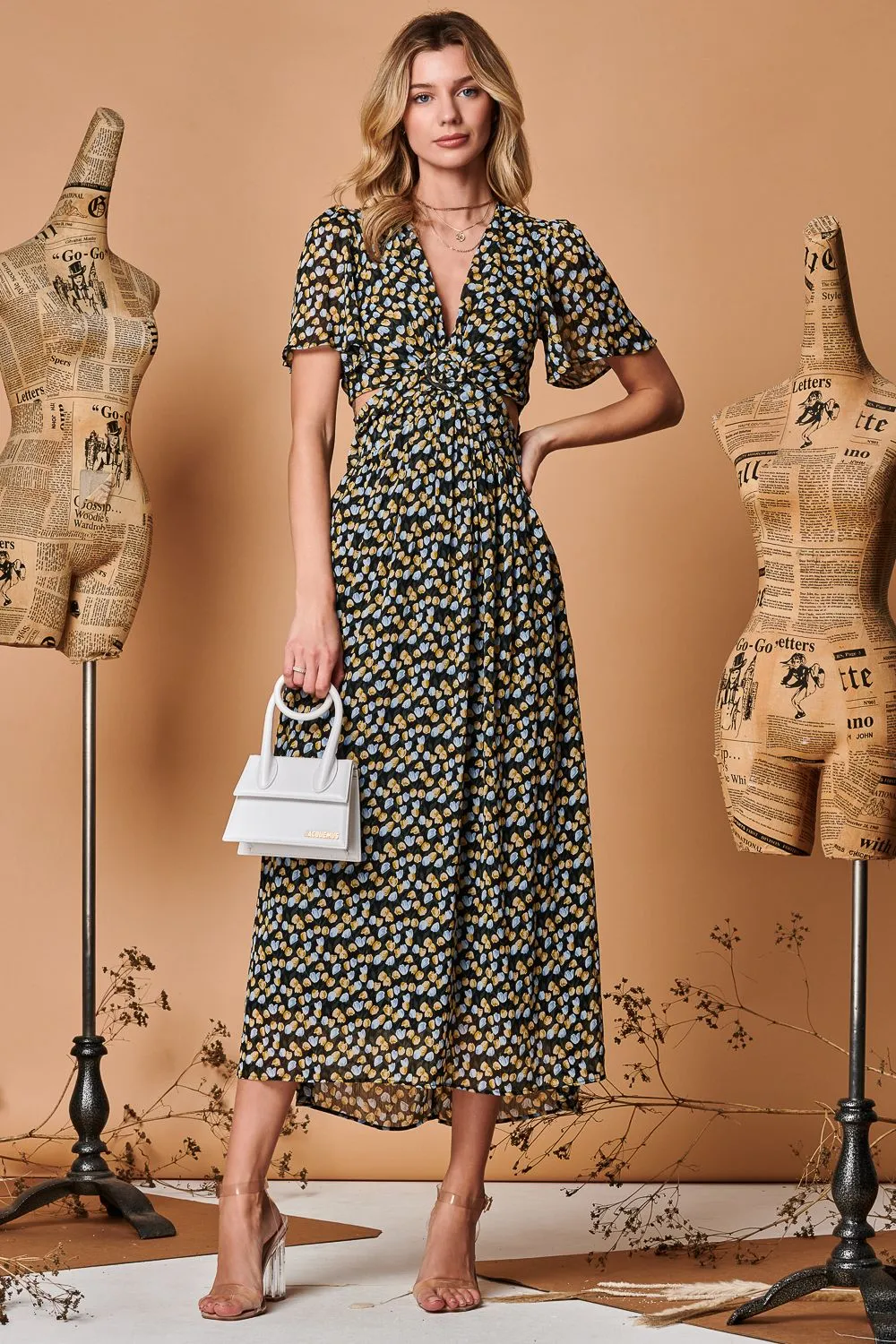 Plunge Neckline Keyhole Chiffon Maxi Dress