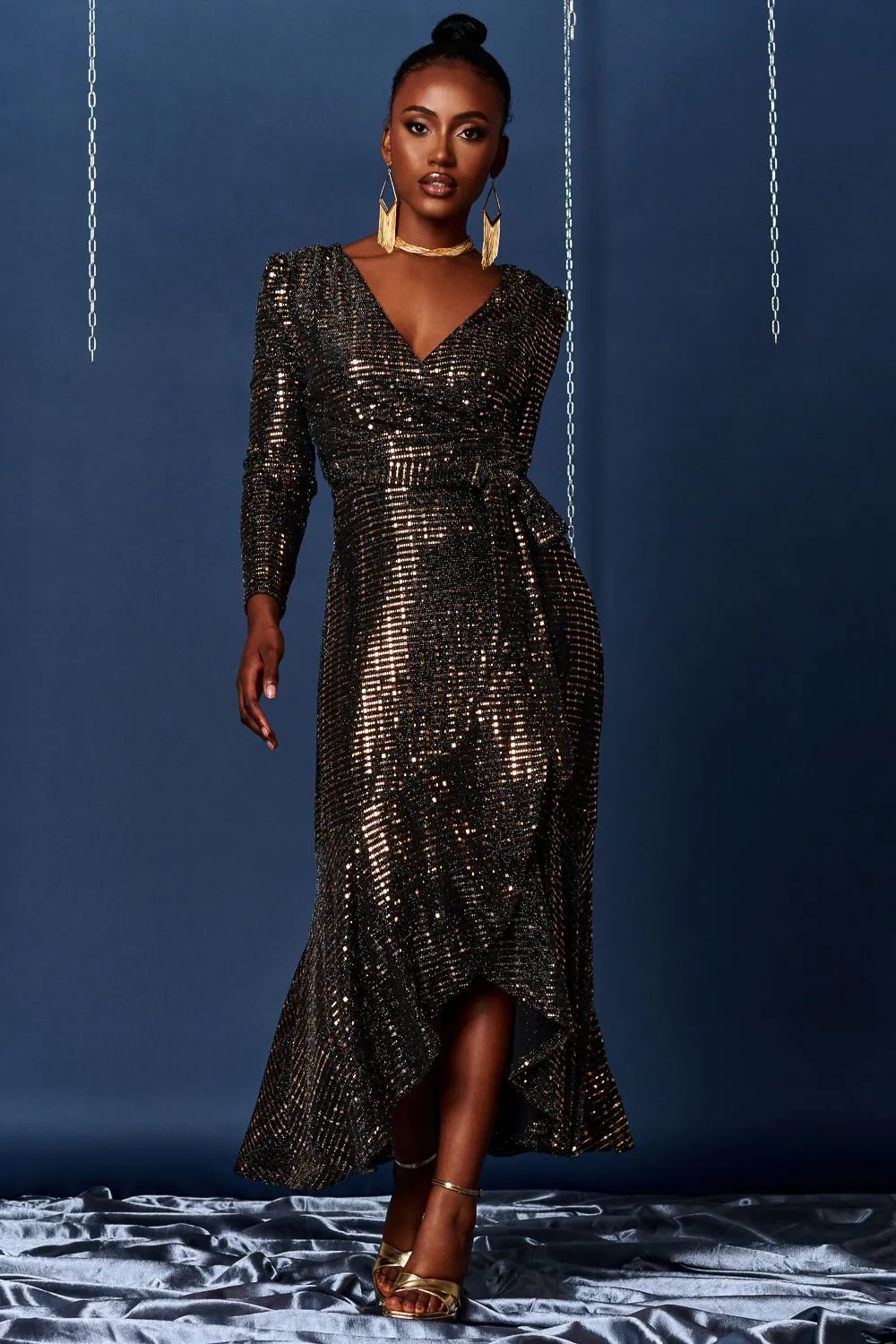 Sparkly Wrap Frill Hem Maxi Dress