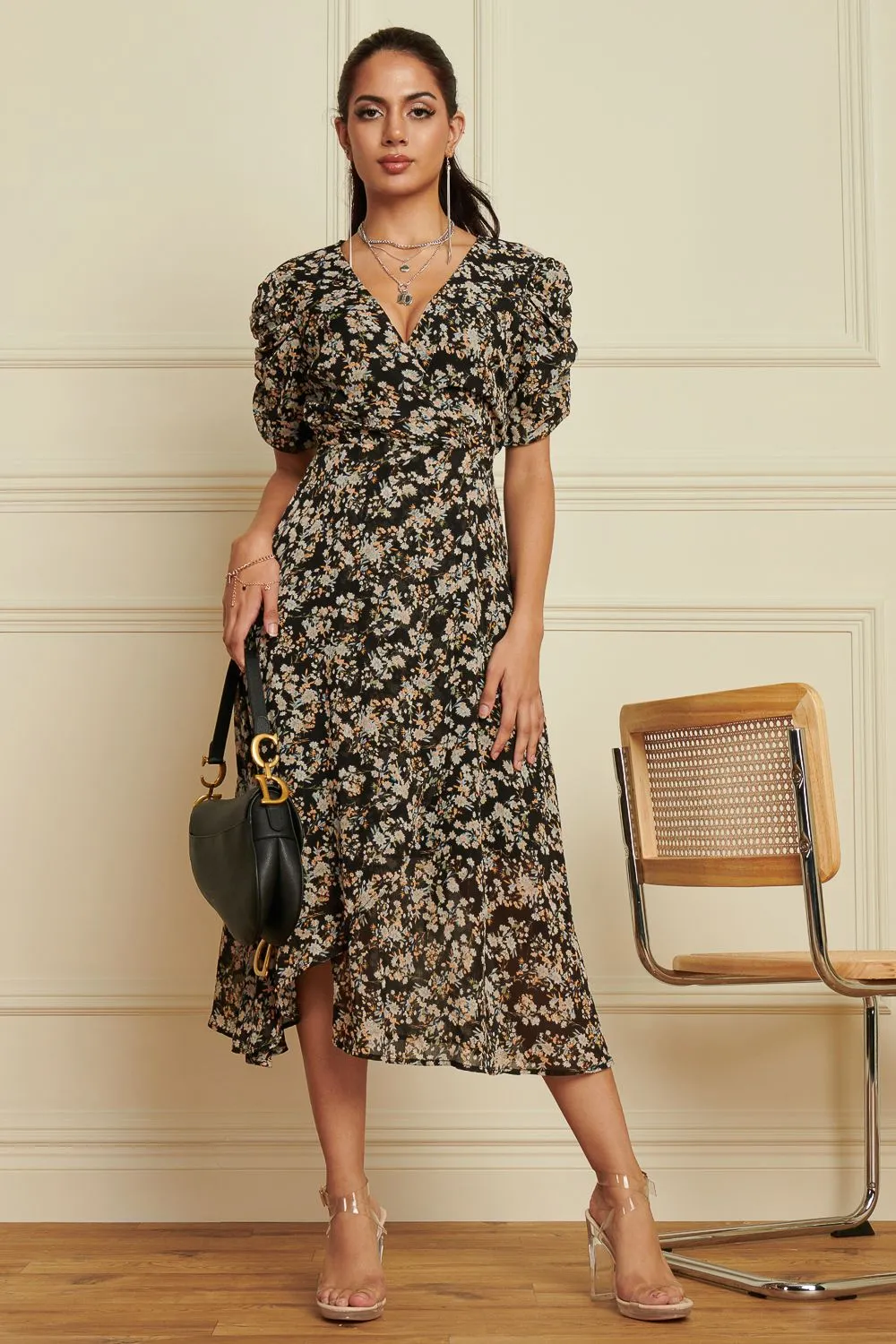 Puff Sleeve Chiffon Wrap Midi Dress