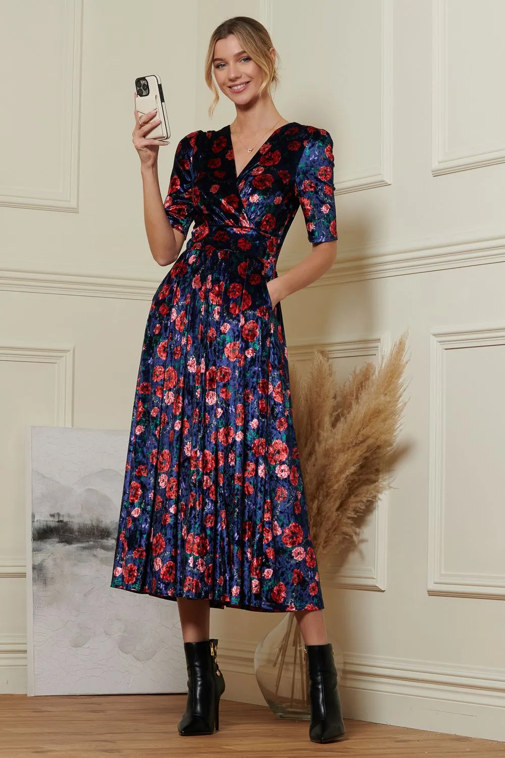 Floral Print Velvet Maxi Dress