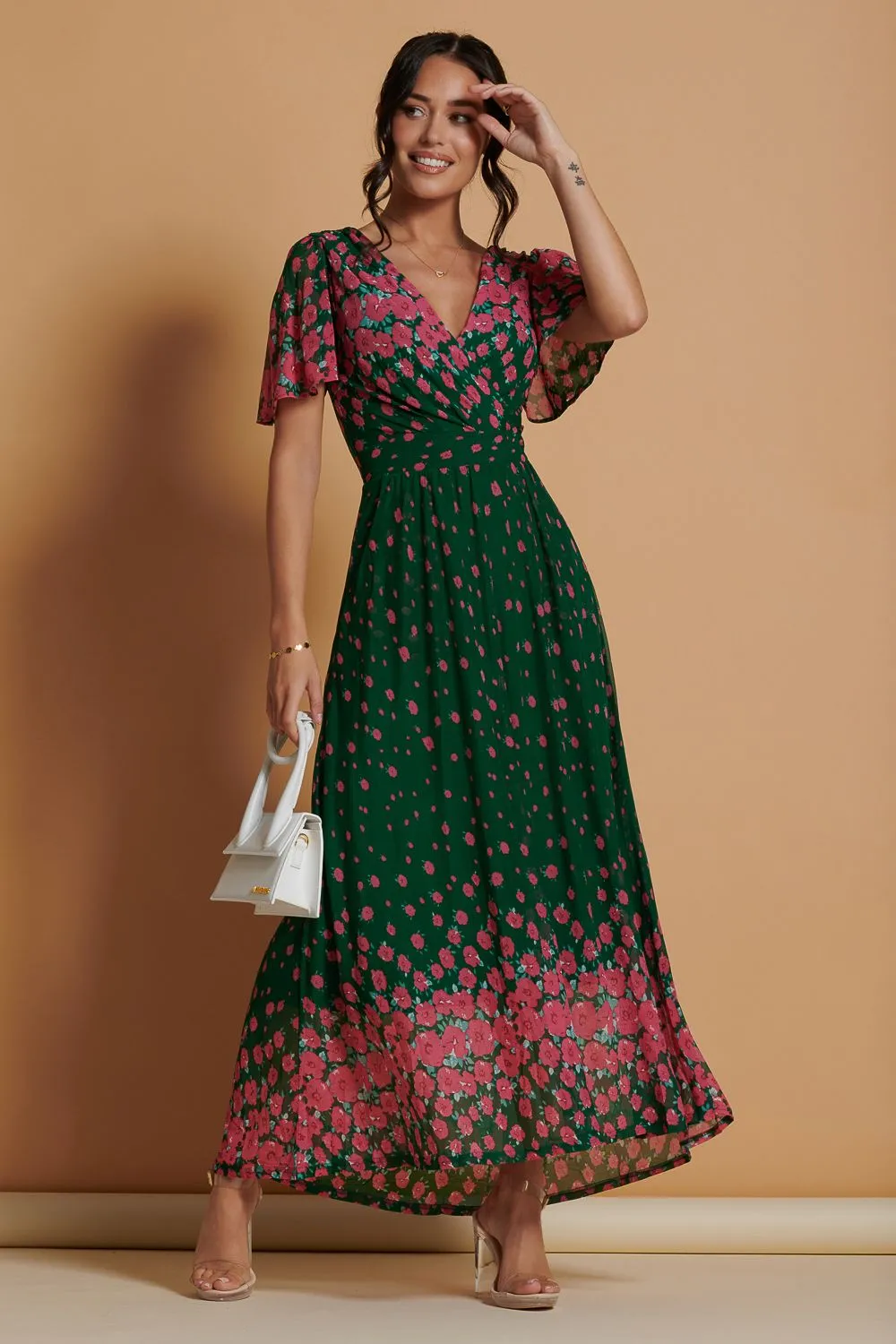 Mirrored Mesh Angel Sleeve Maxi Dress