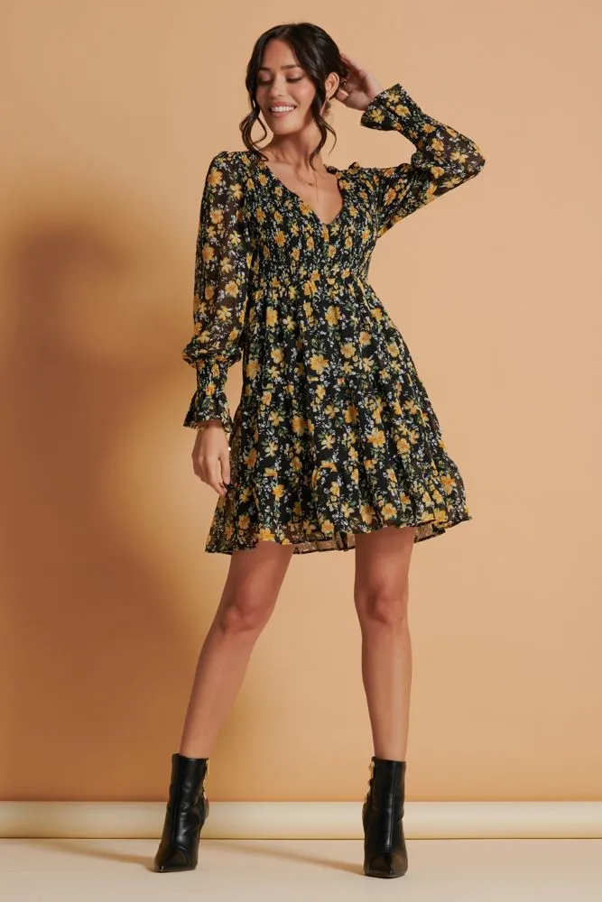 V Neck Shirred Detail Chiffon Dress