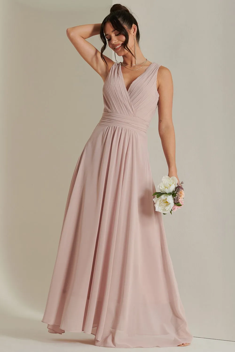 Pleated Bodice Chiffon Maxi Dress