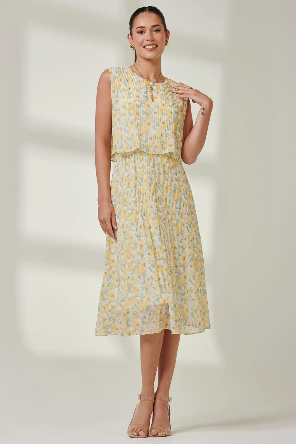 Olena Pleated Overlay Chiffon Midi Dress