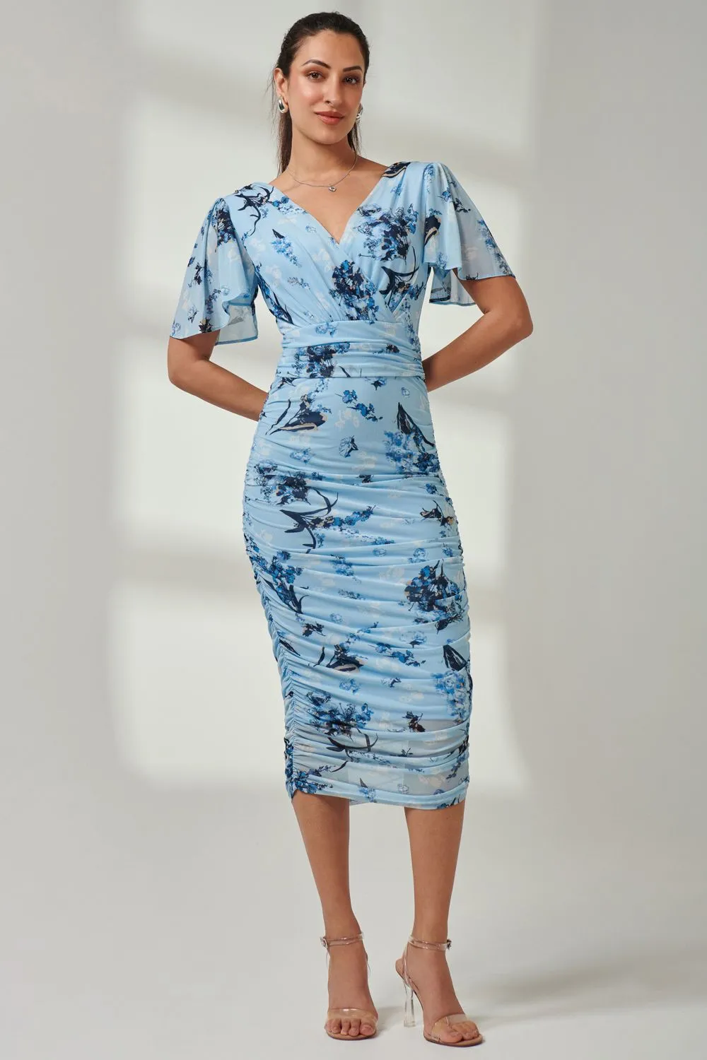 Angel Sleeve Ruched Mesh Midi Dress