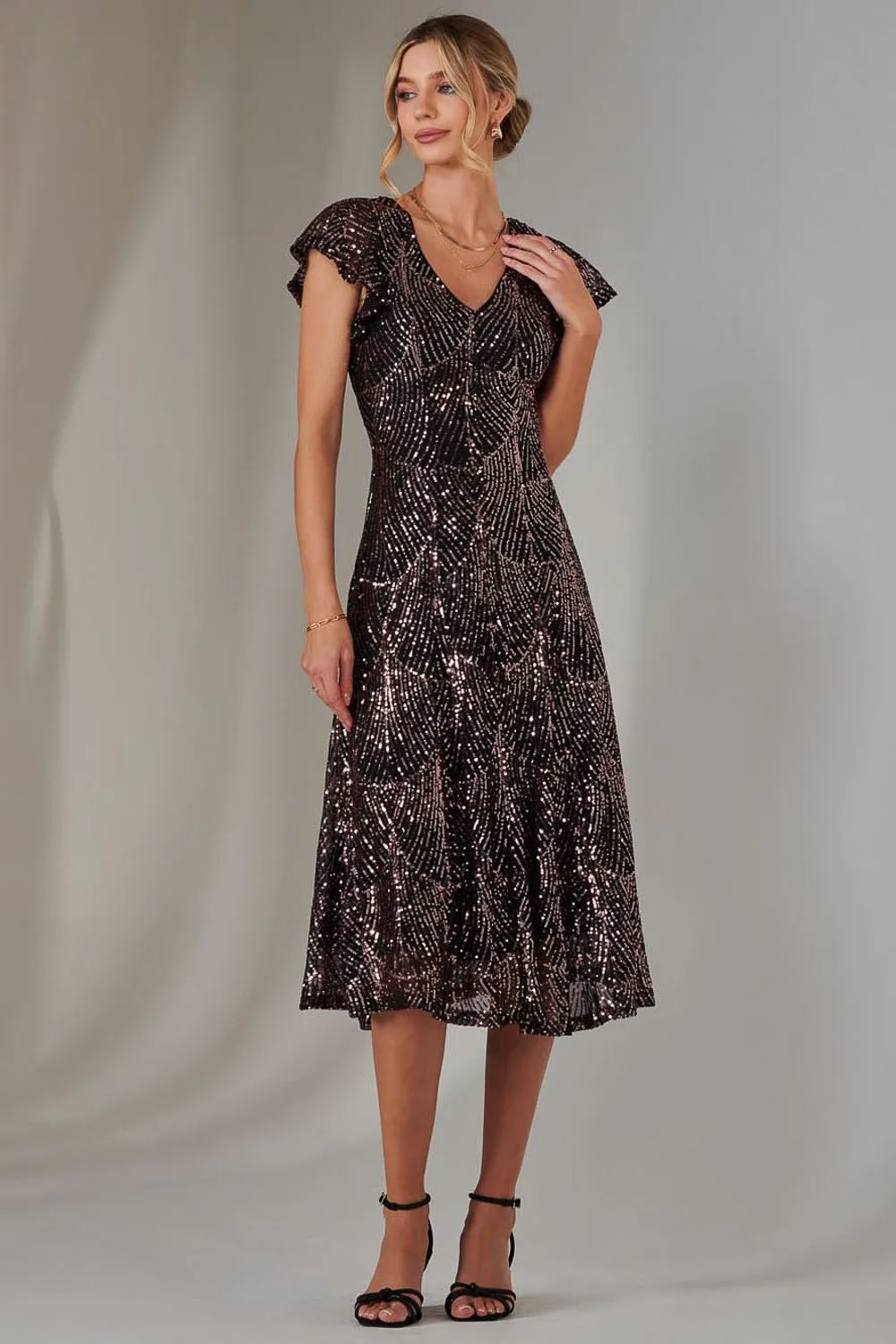 Sequin V Neck FIt & Flare Midaxi Dress