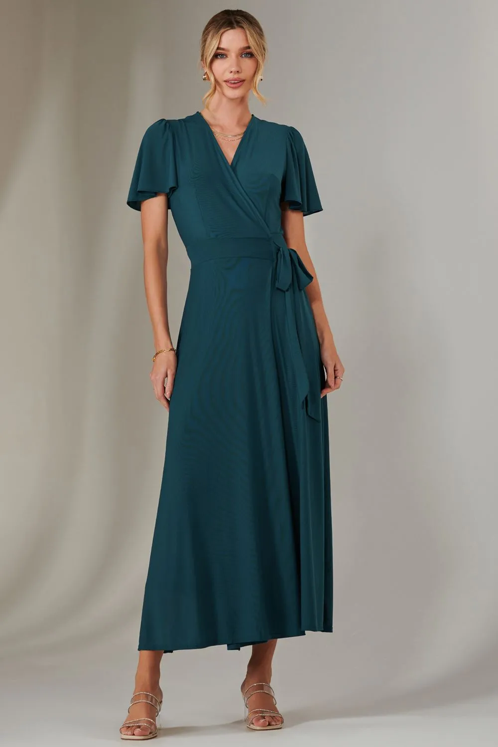 Plain Angel Sleeve Wrapped Maxi Dress