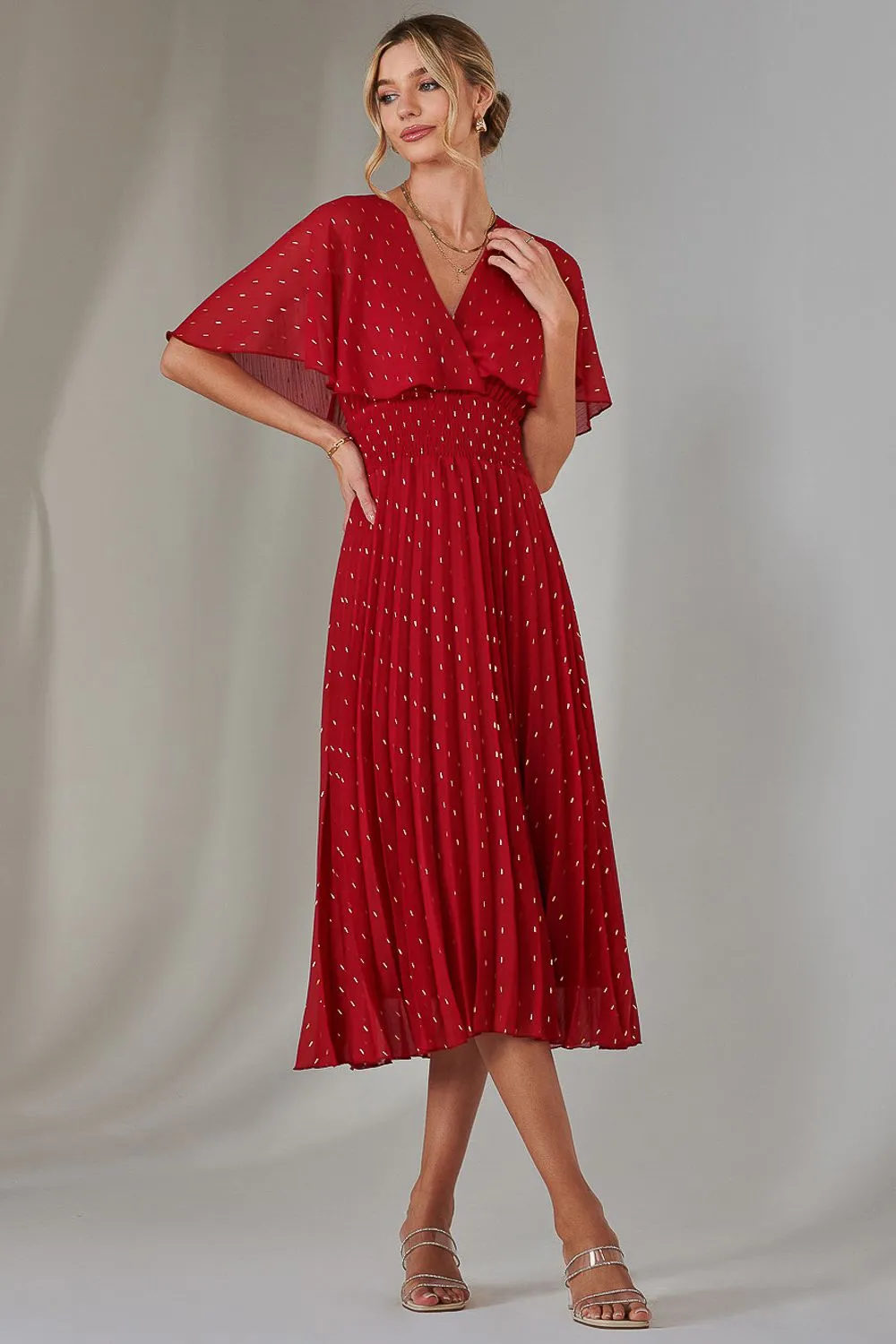 Metallic Spot Chiffon Pleated Dress