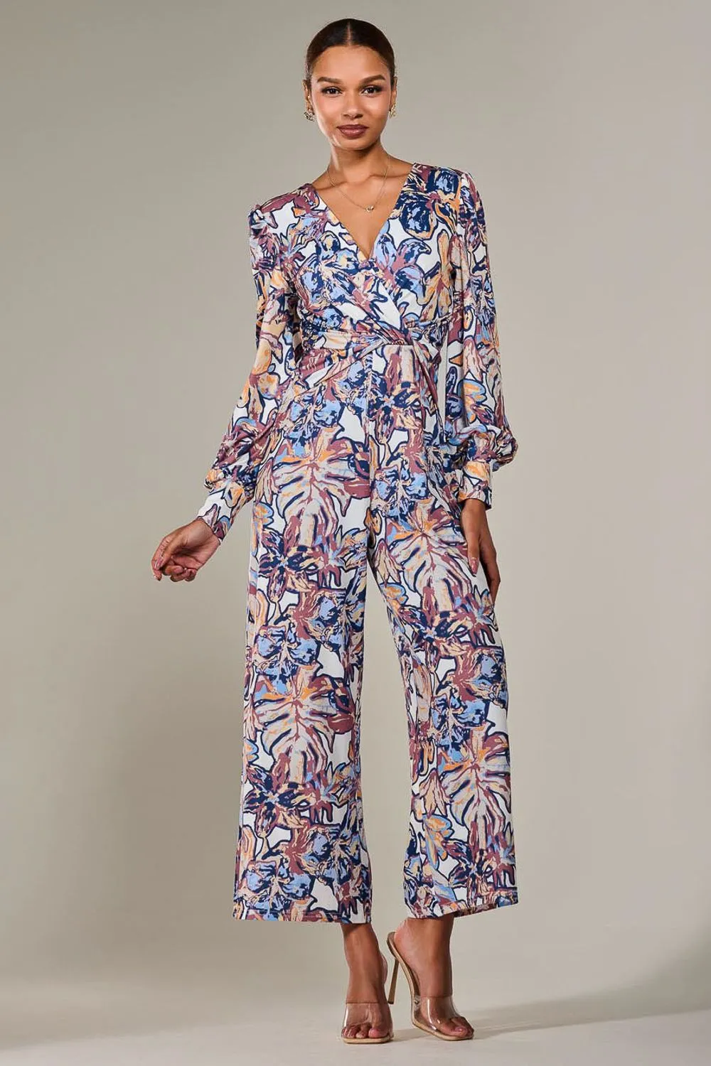 Jersey Wrap Front Long Sleeve Jumpsuit