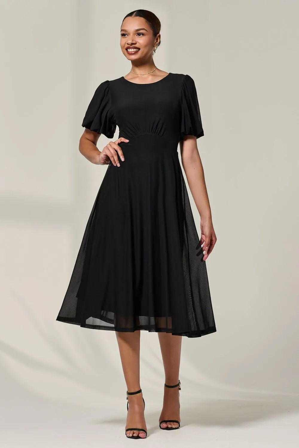 Puff Sleeve Mesh Midi Dress