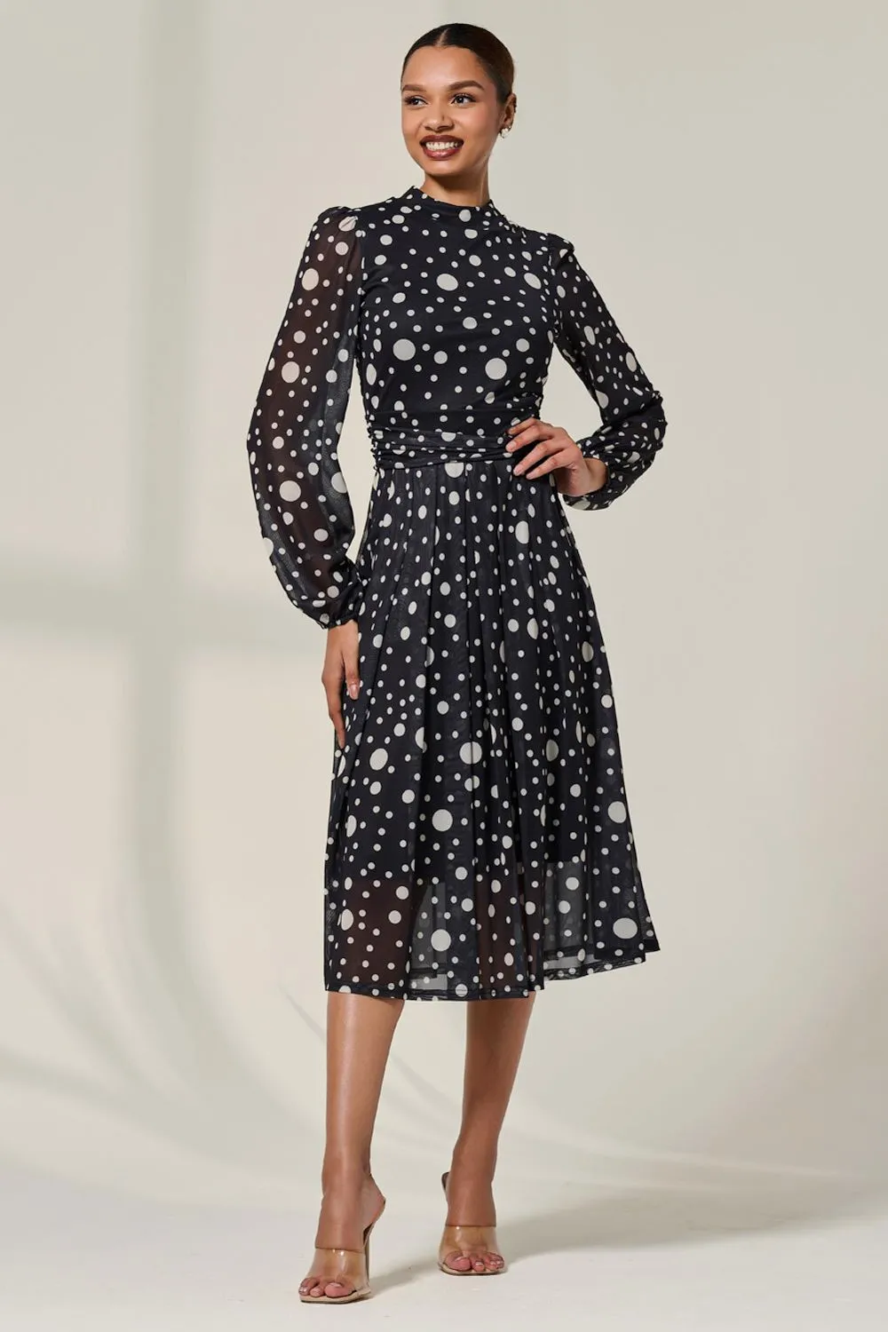 Crew Neck Pleated Long Sleeve Midi