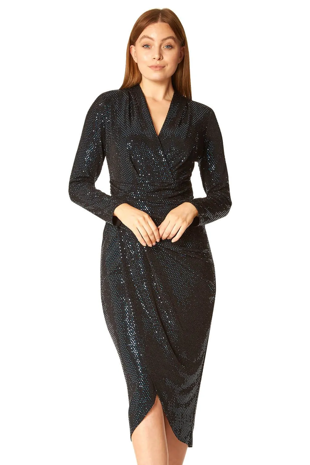 Sequin Embellished Ruched Wrap Dress
