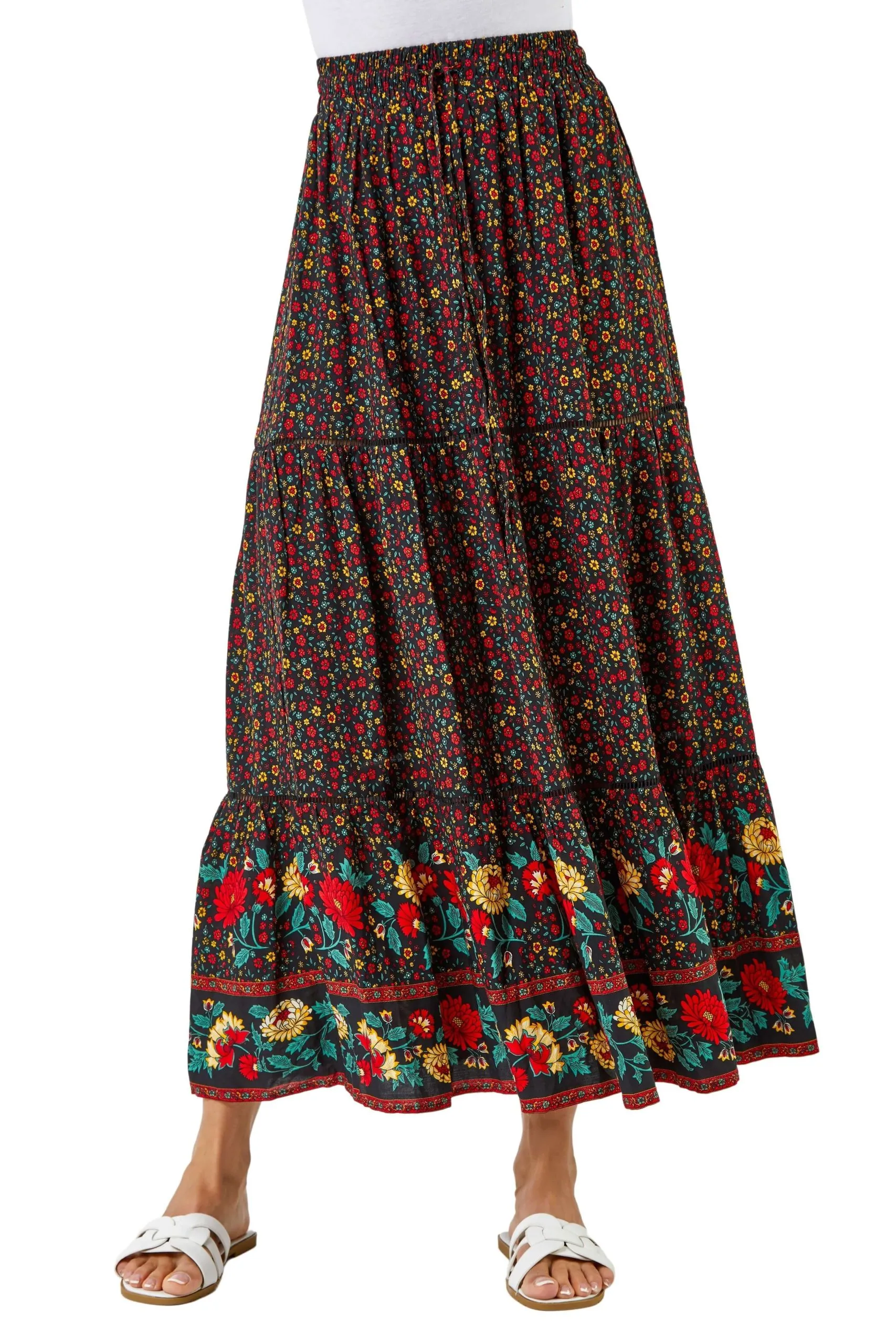 Floral Print Elastic Waist Tiered Maxi Skirt