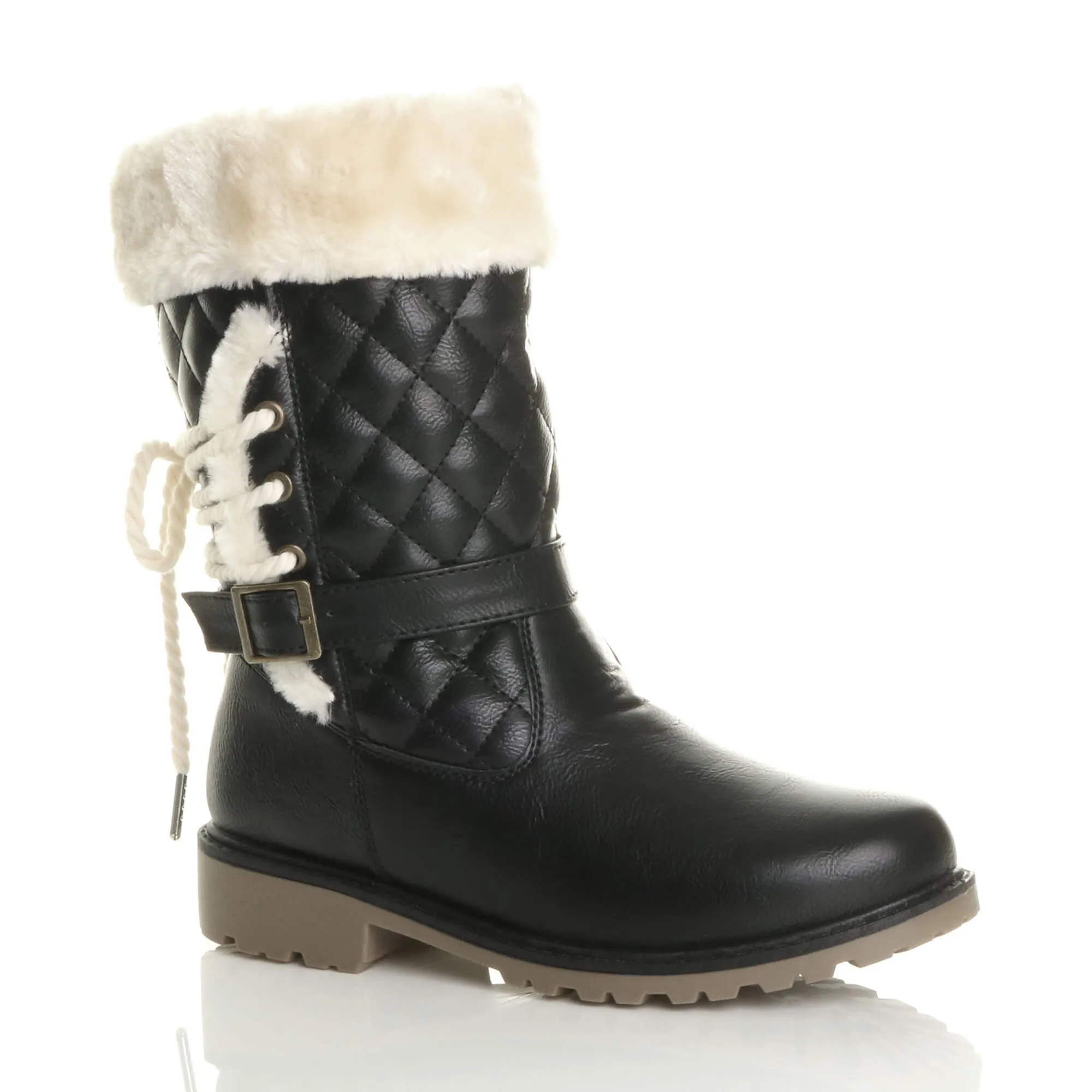 Low Block Heel Quilted Faux Fur Lined Grip Sole Calf Boots