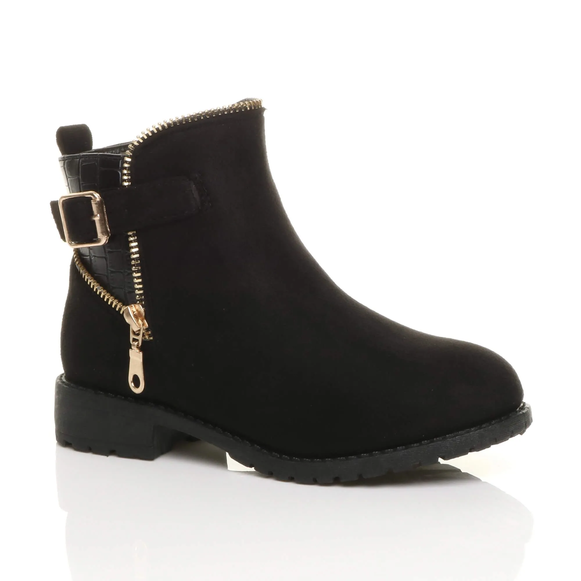 Flat  Heel Gold Zip Biker Faux Suede Ankle Boots