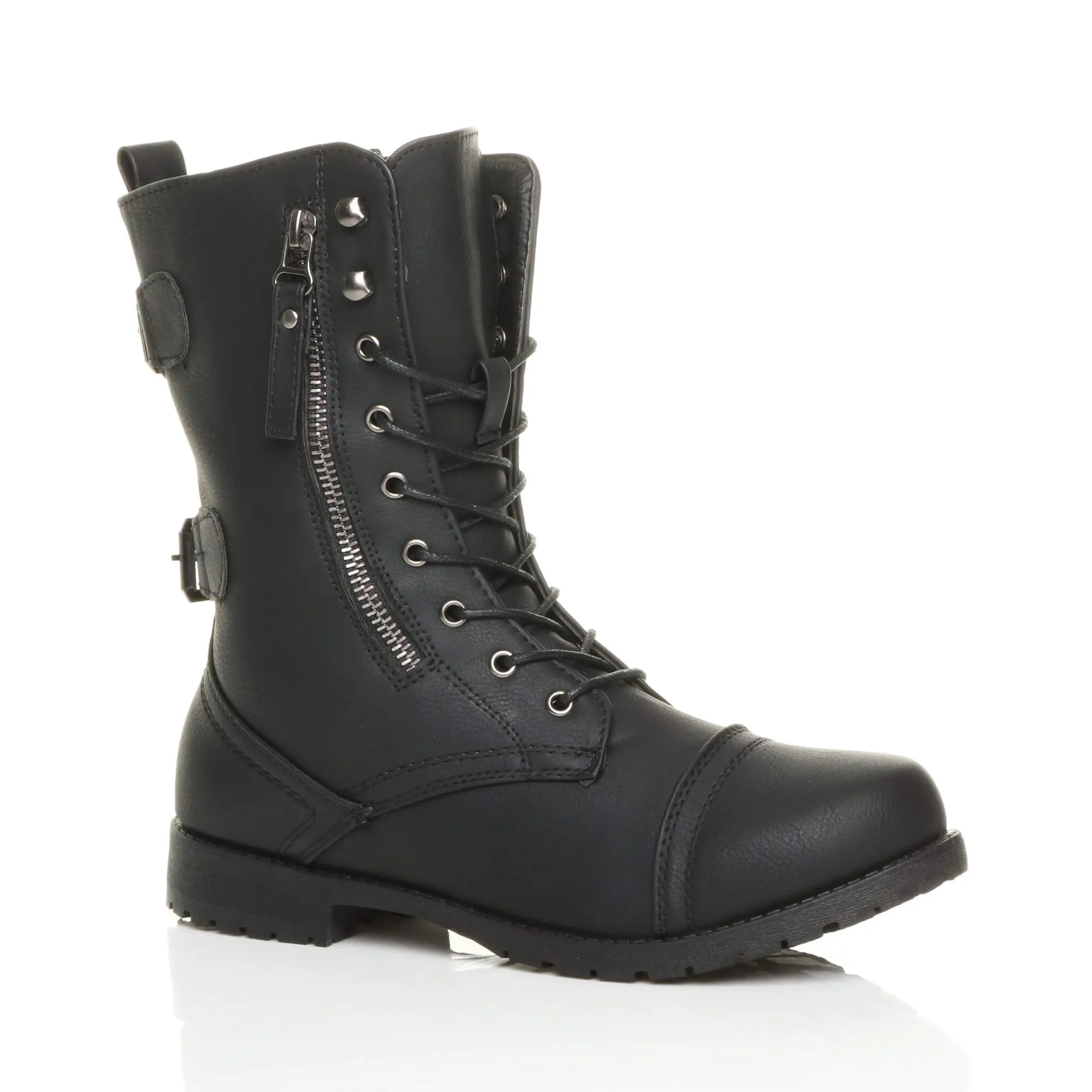 Low  Heel Lace Up Zips Military Biker Faux Leather Ankle Boots