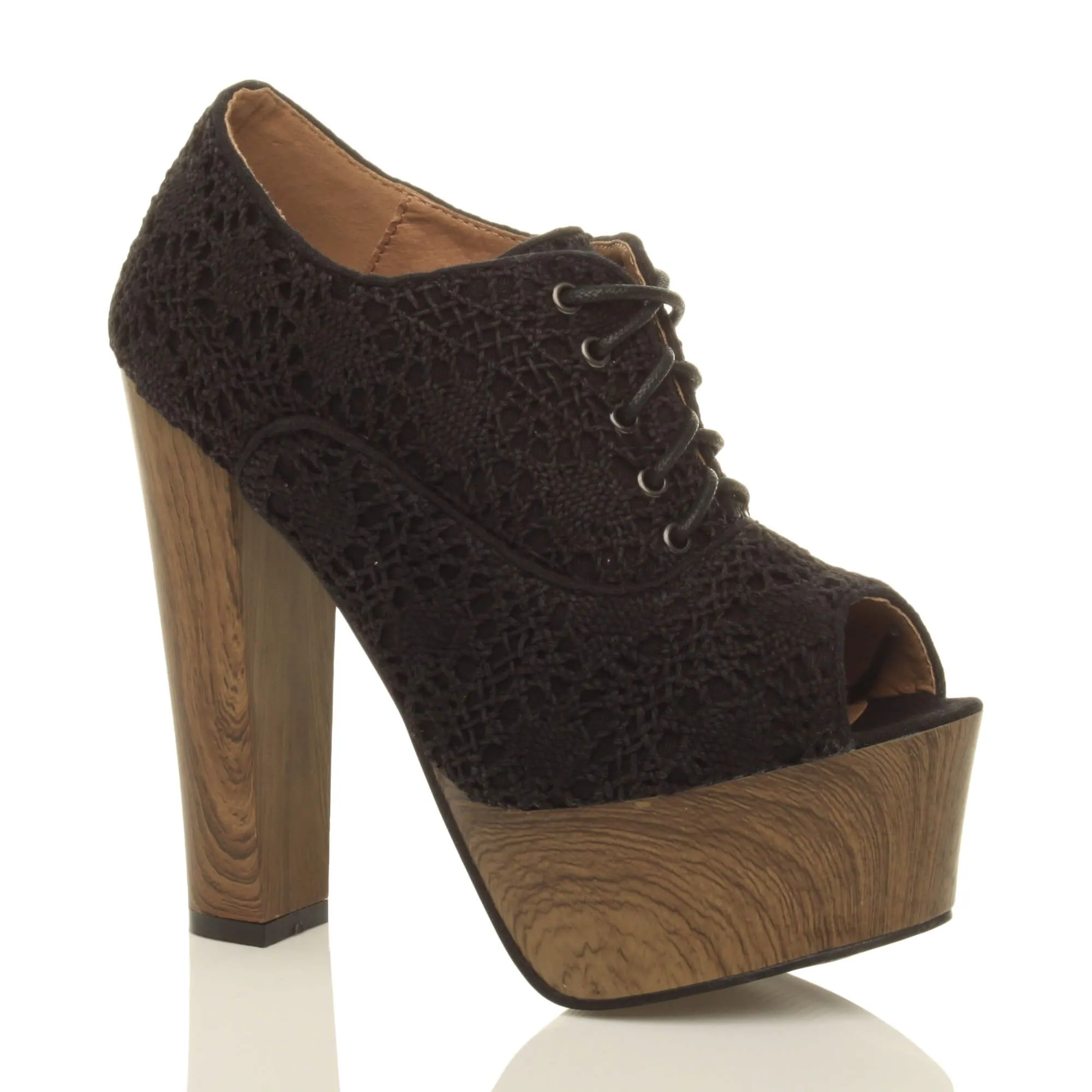 High Block Heel Crochet Lace Up Platform Peep Toe Shoe Boots