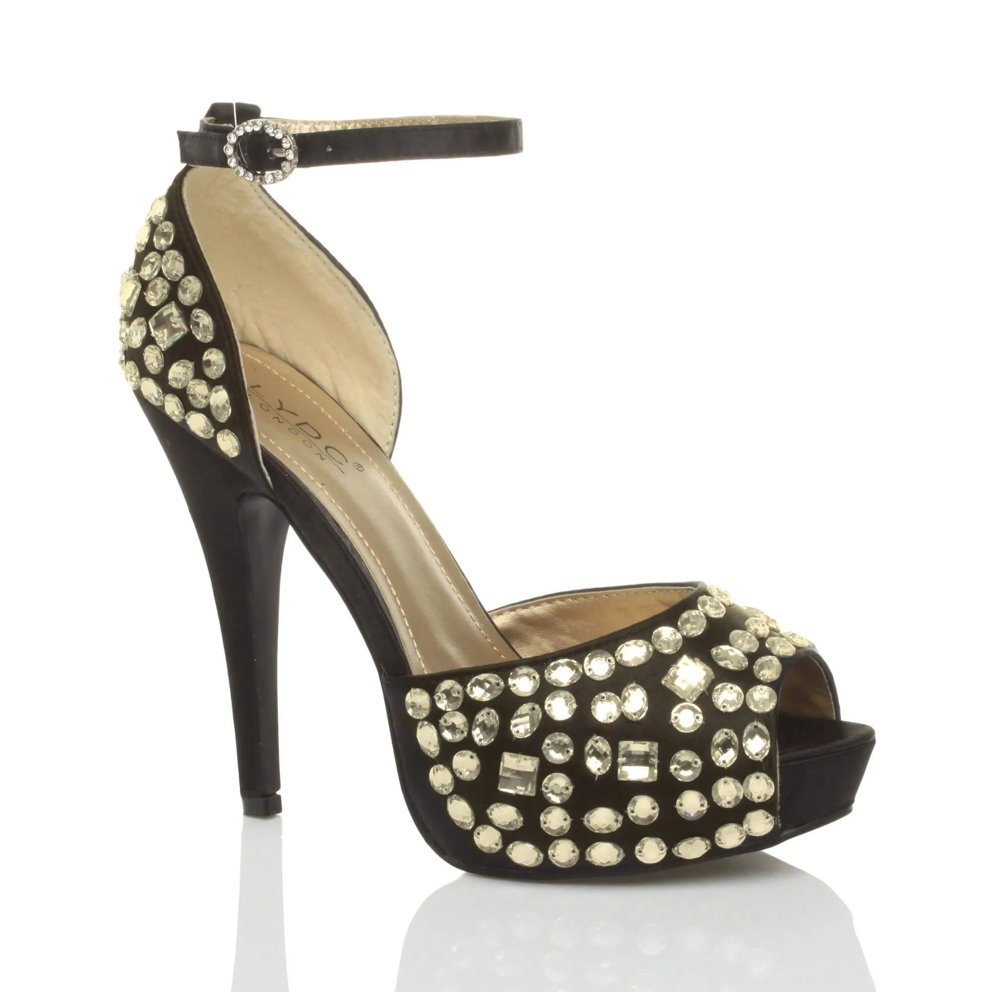 High  Heel Gem Ankle Strap Peep Toe Satin 2 Part Heels