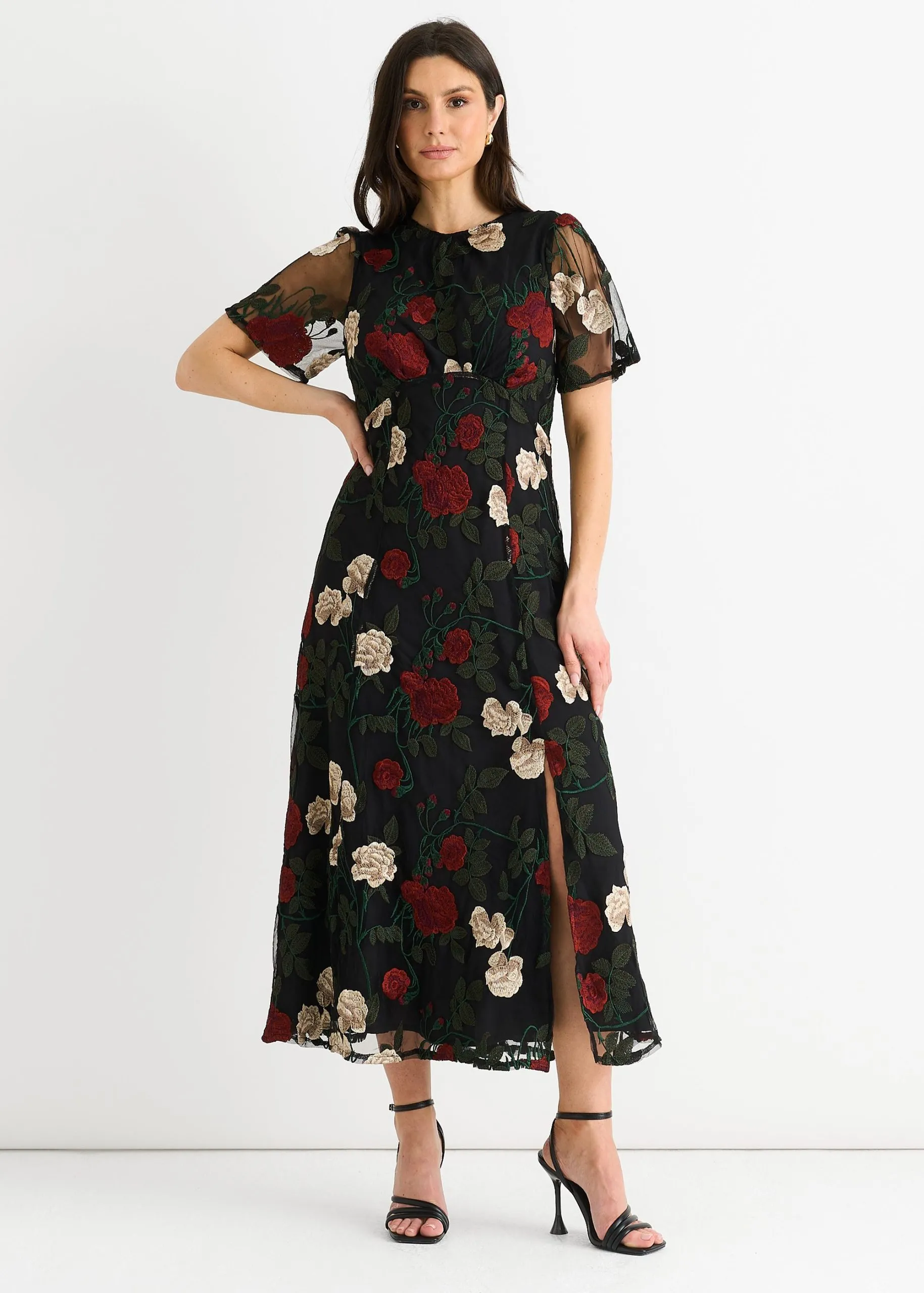 Black Angel Sleeves Embroidered Occasion Midi Dress