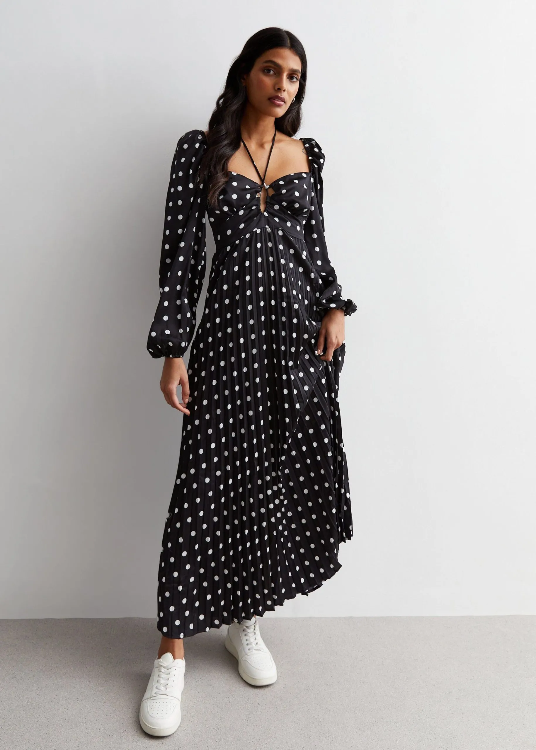 Black Polka Dot Pleated Cut Out Maxi Dress