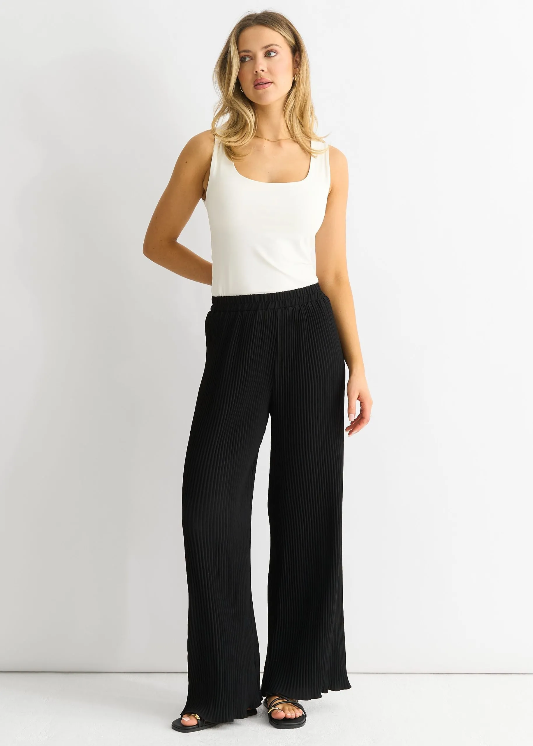 Black Plisse Loungewear Wide Leg Trousers