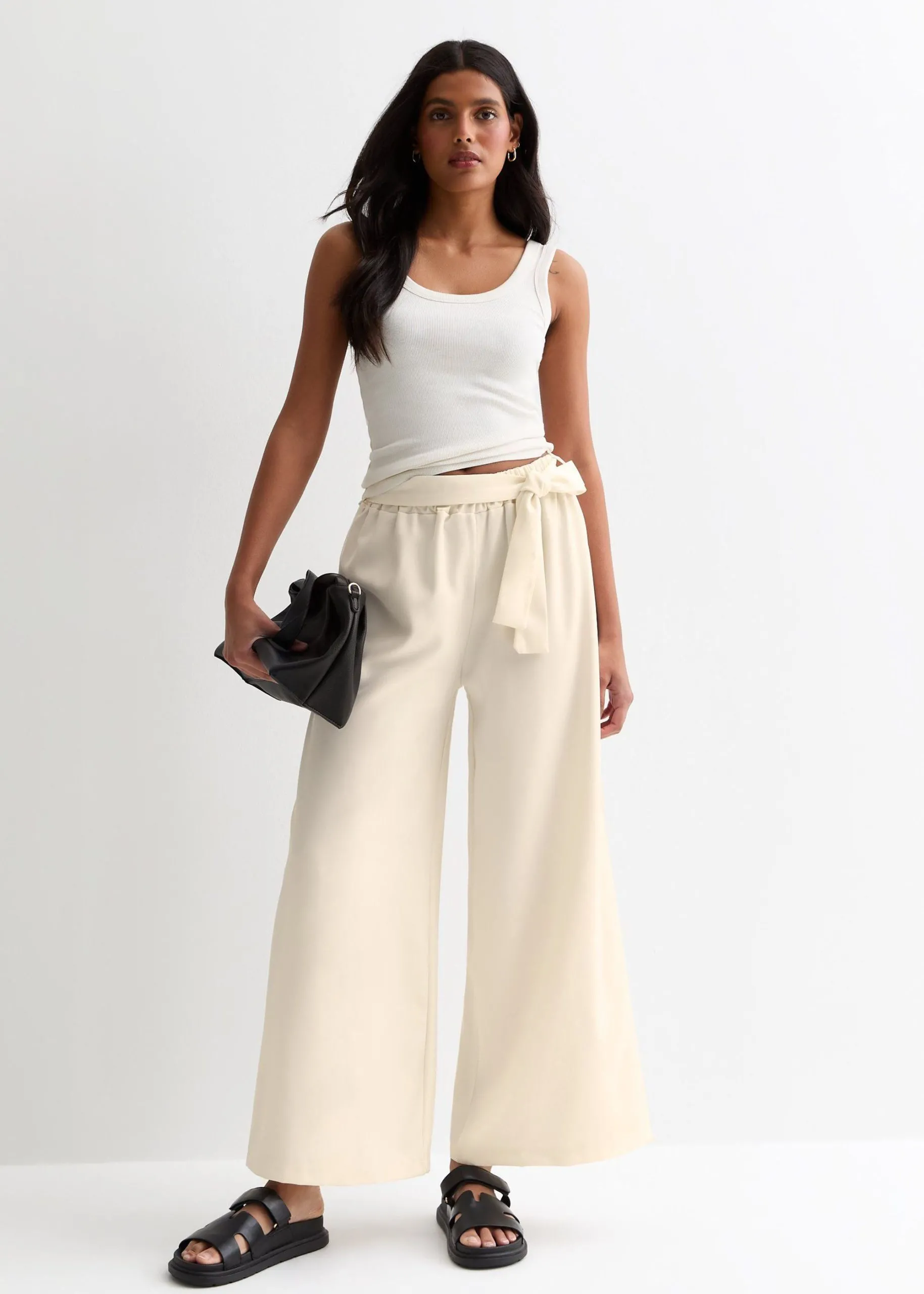 White Elasticated Wide leg Tie detail Trousers