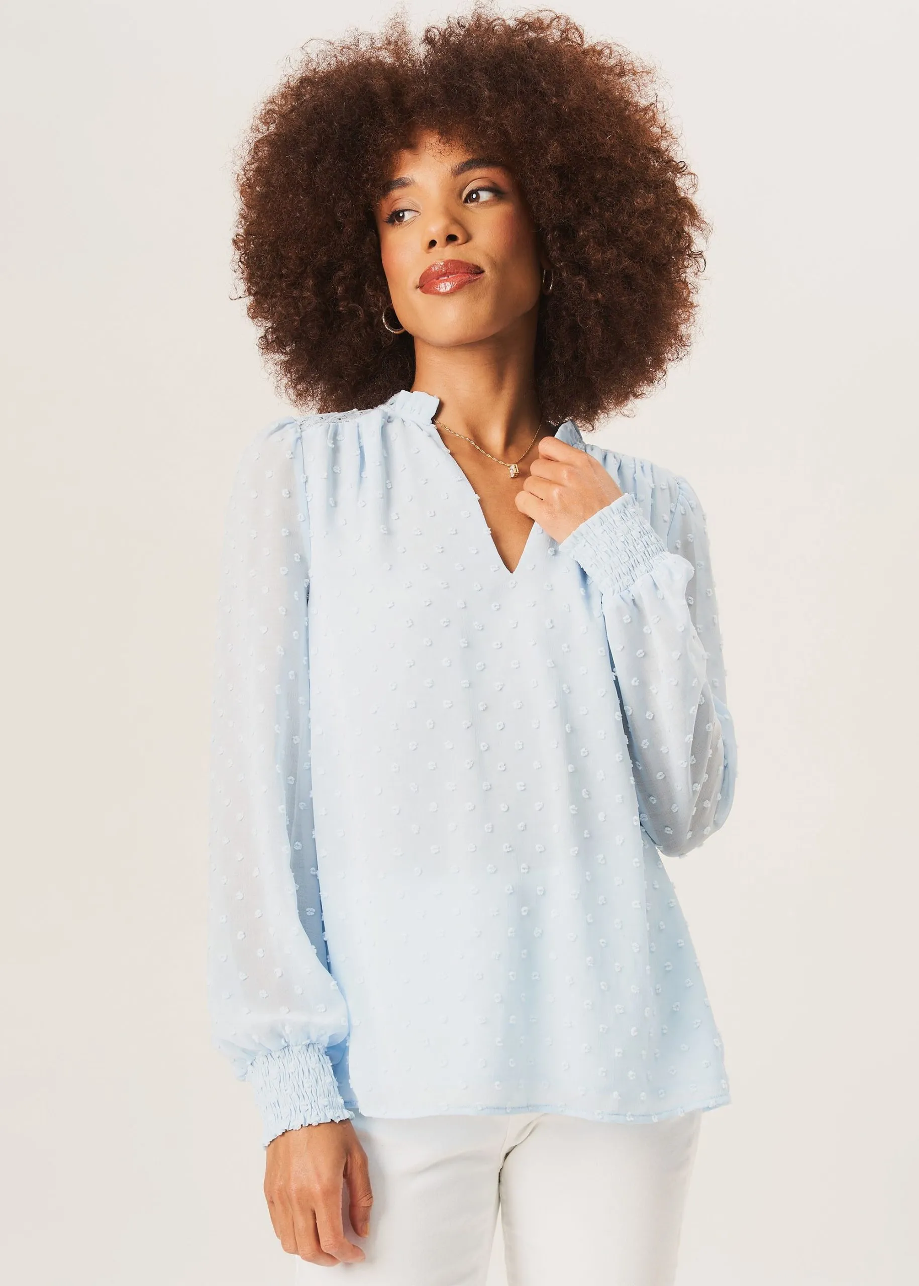 Light Blue Dobby Chiffon Frill Neck Blouse