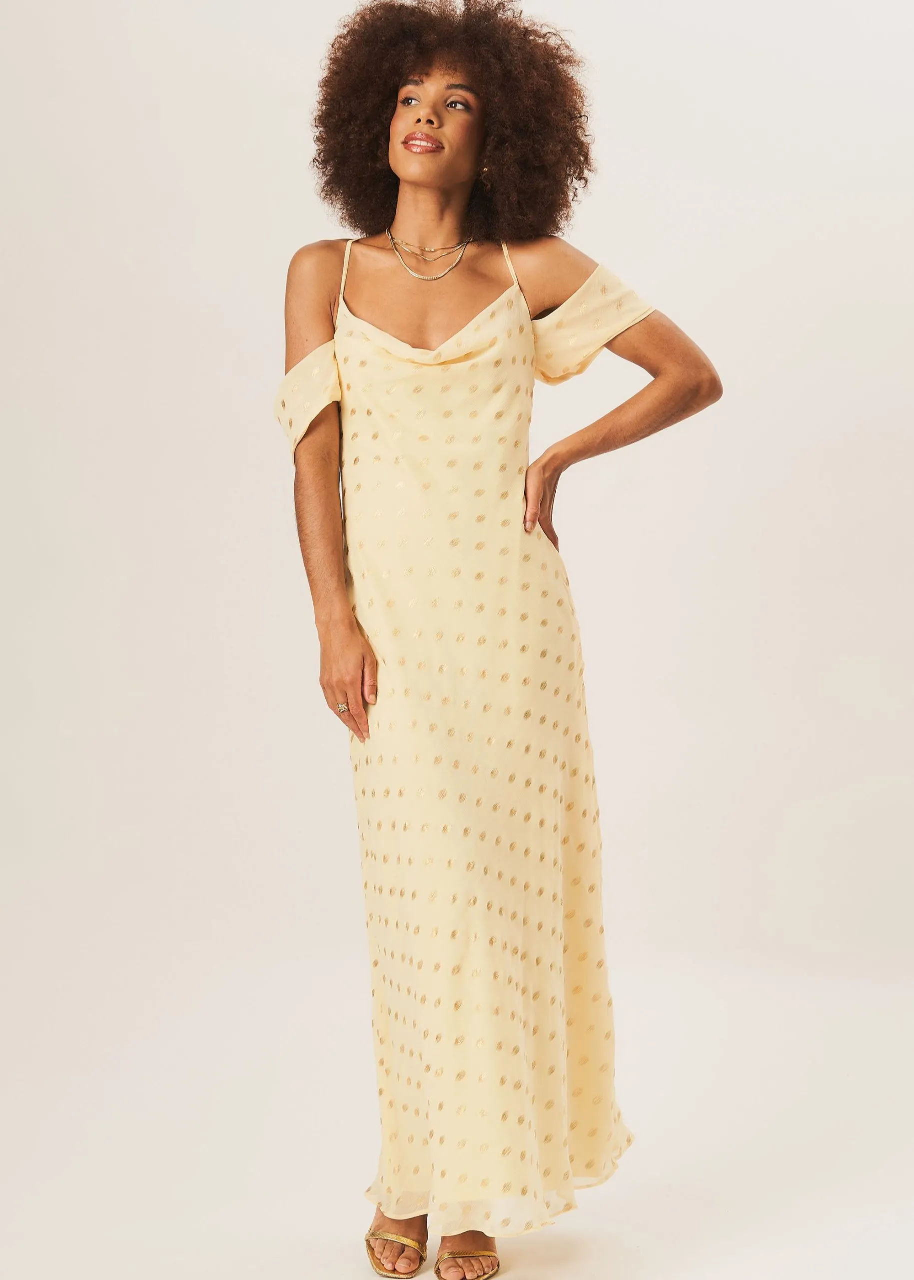 Yellow Cowl Neck Drop Sleeves Foil Maxi Dress