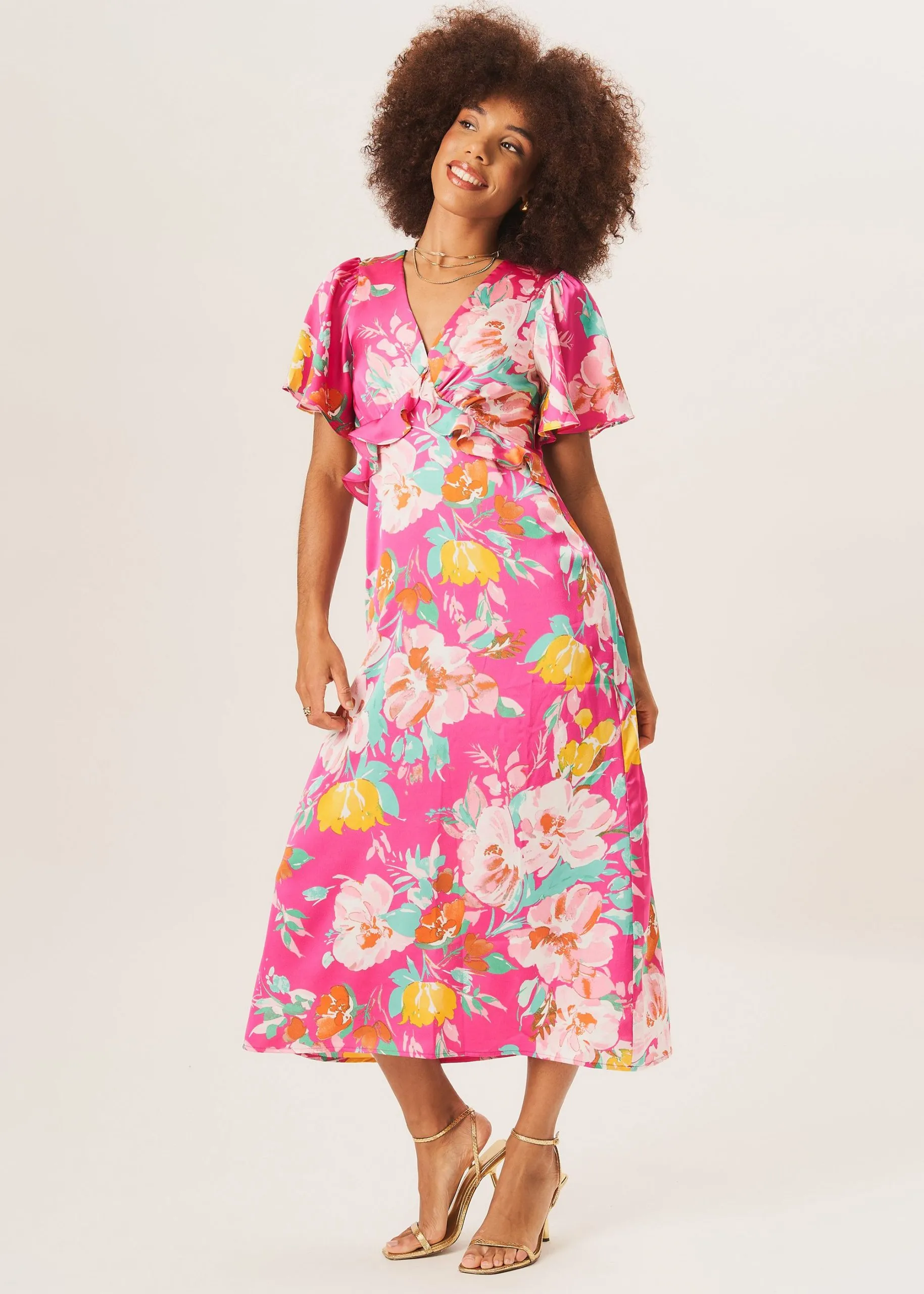 Pink Floral Print Angel Sleeves Midi Dress