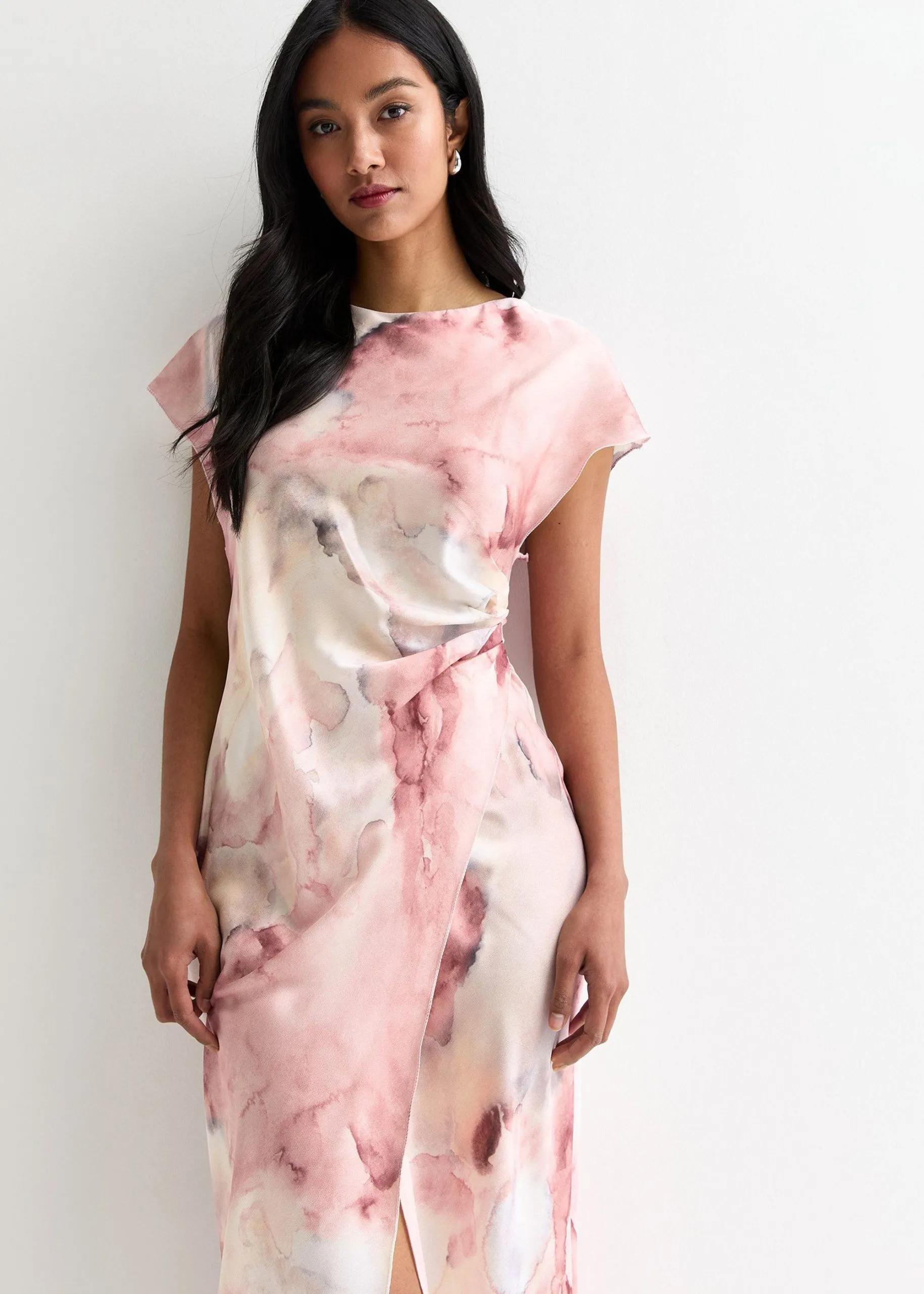 Pink Floral Water Print  Wrap Midi Dress