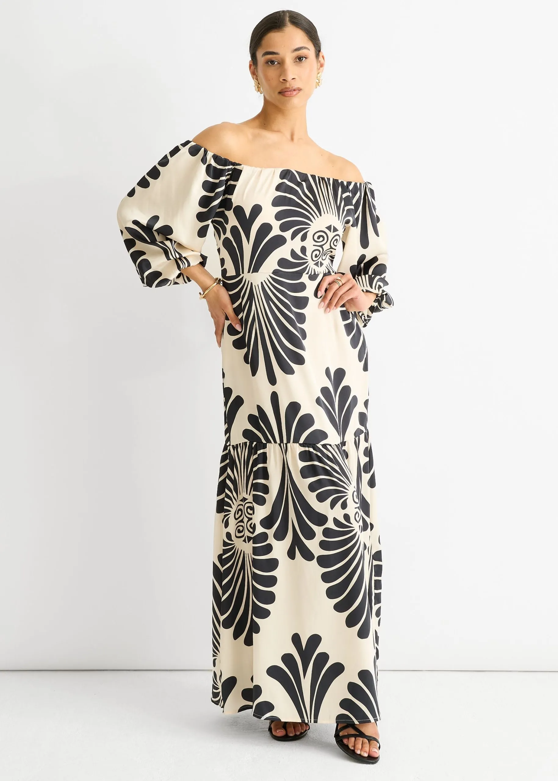 Cream Bardot Mono Print Maxi Dress