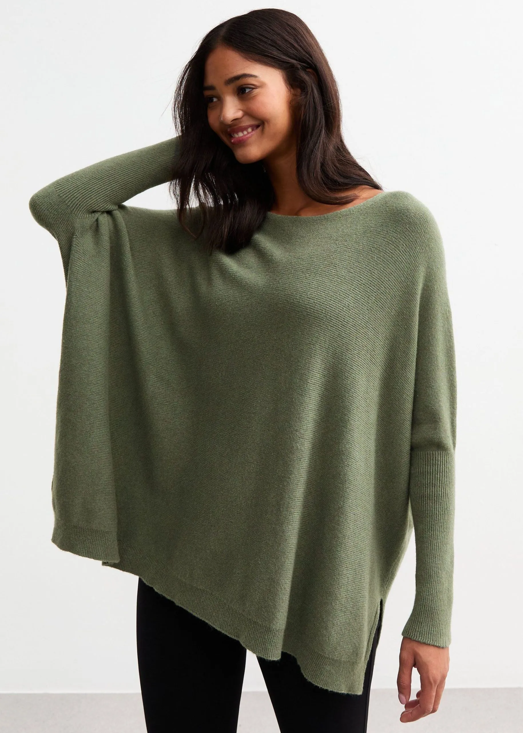 Khaki Fine Knit Batwing Oversized Jumper
