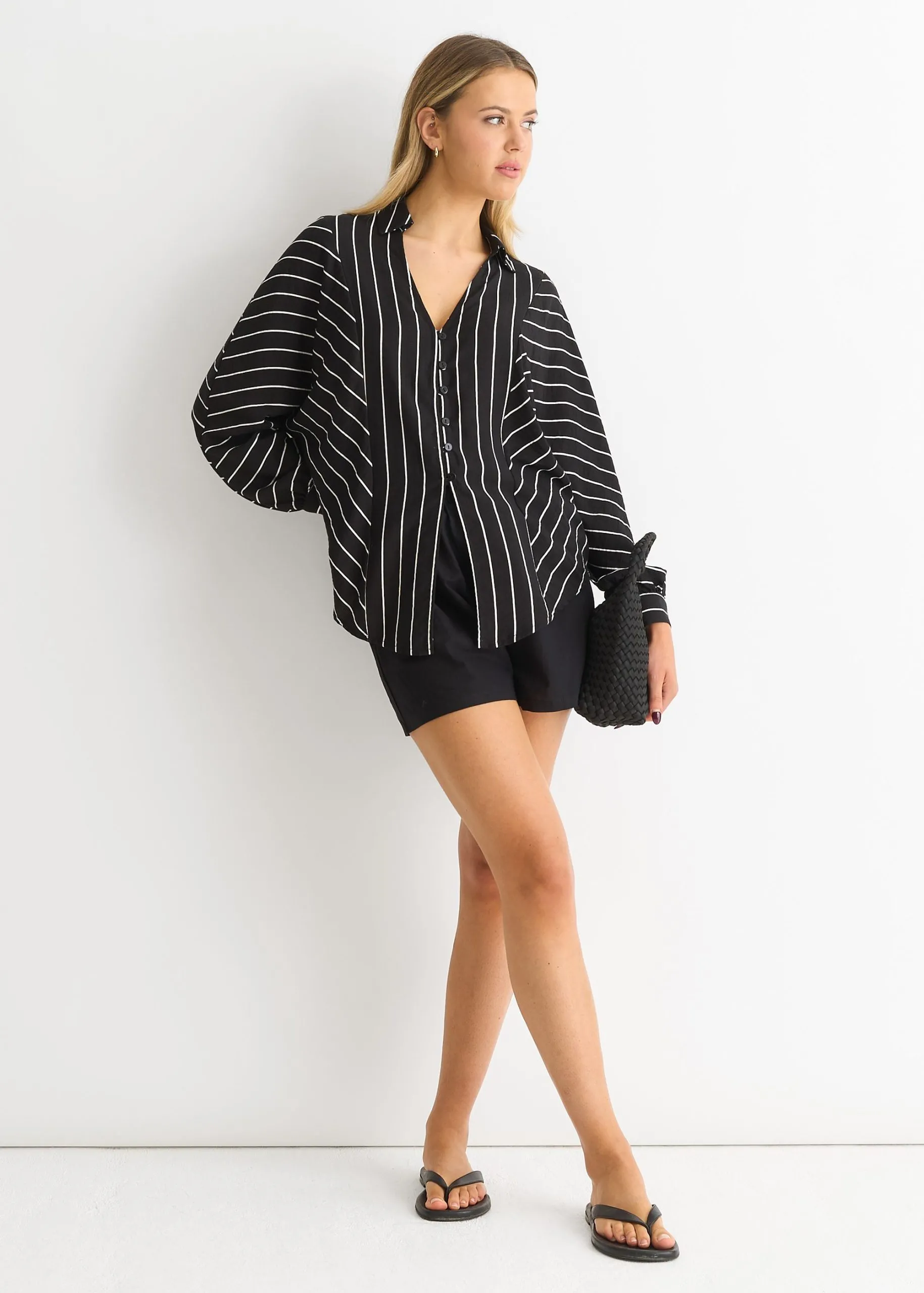 Black Long Sleeve Batwing Stripe Shirt