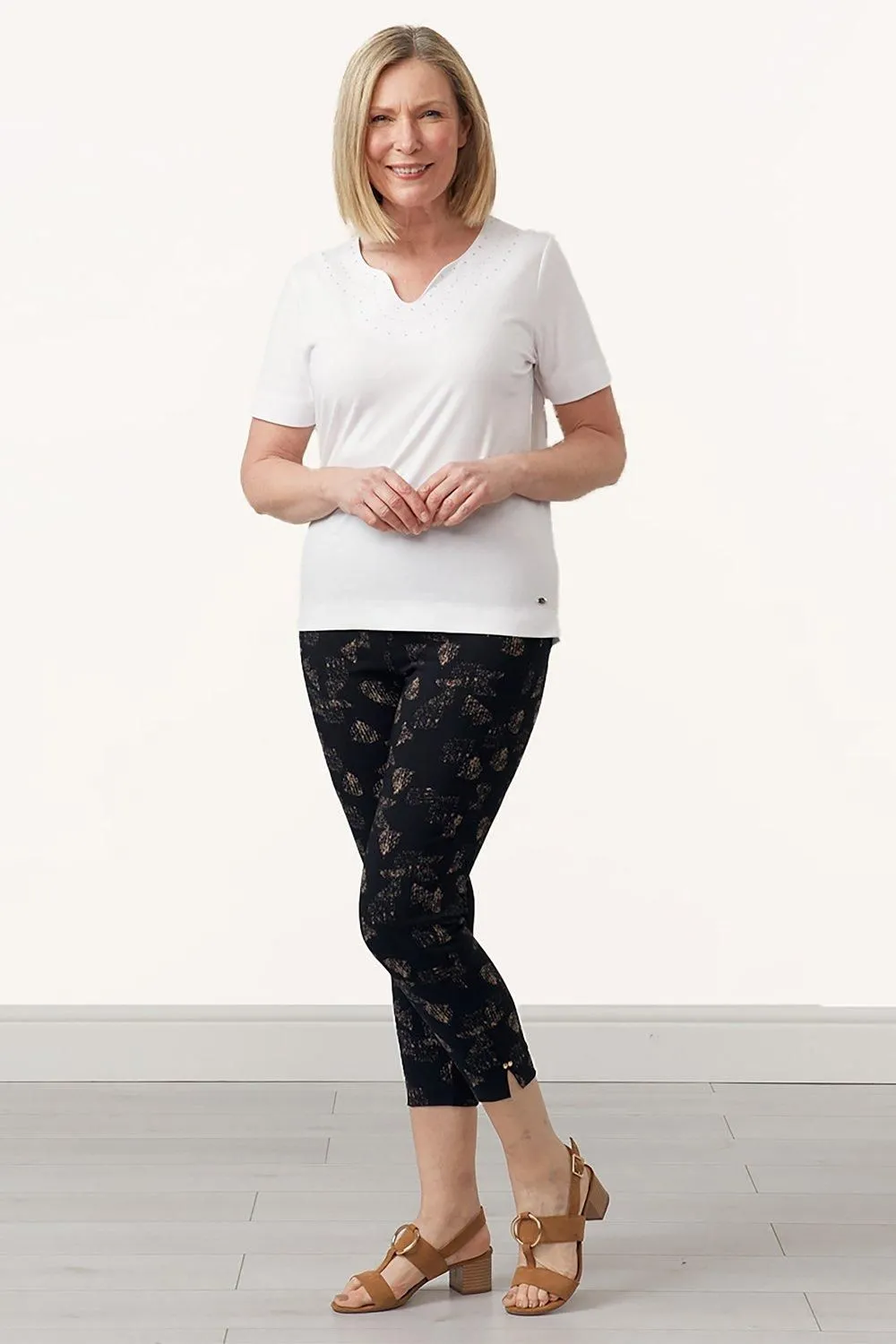 Leaf Print Bengaline Cropped Trousers