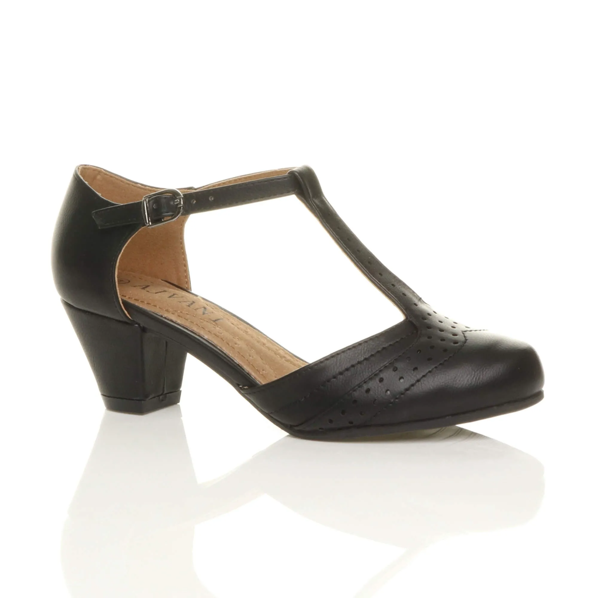 Mid Cuban Heel Comfort T-Bar Brogue Faux Leather 2 Part Heels