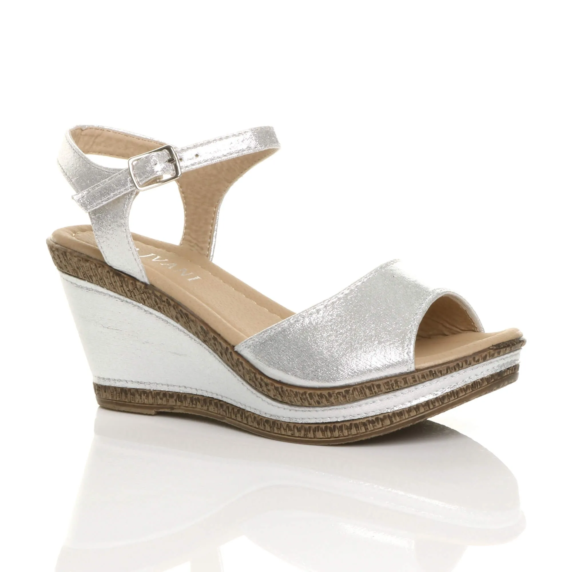 High  Heel Ankle Strap Cork Sandals Shimmer Wedges