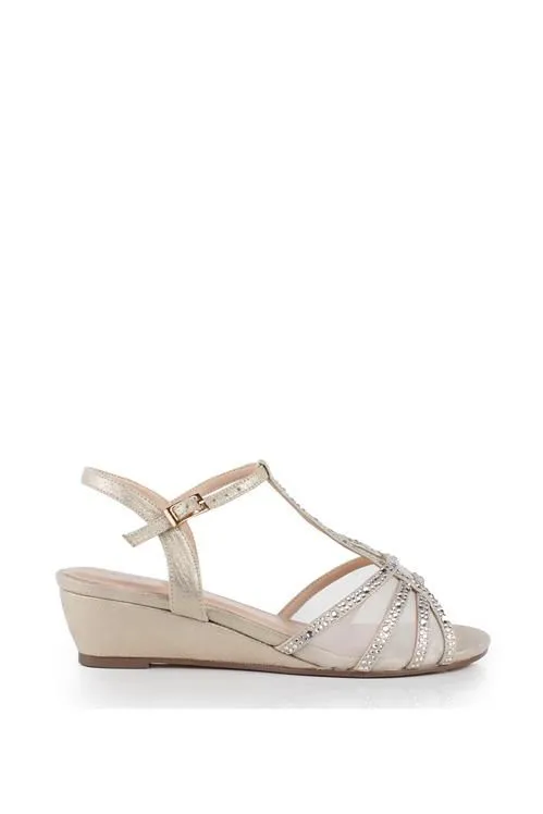 Glitter Diamante Mesh 'Jillly' Mid Heel Wedge Extra Wide Fit Sandals