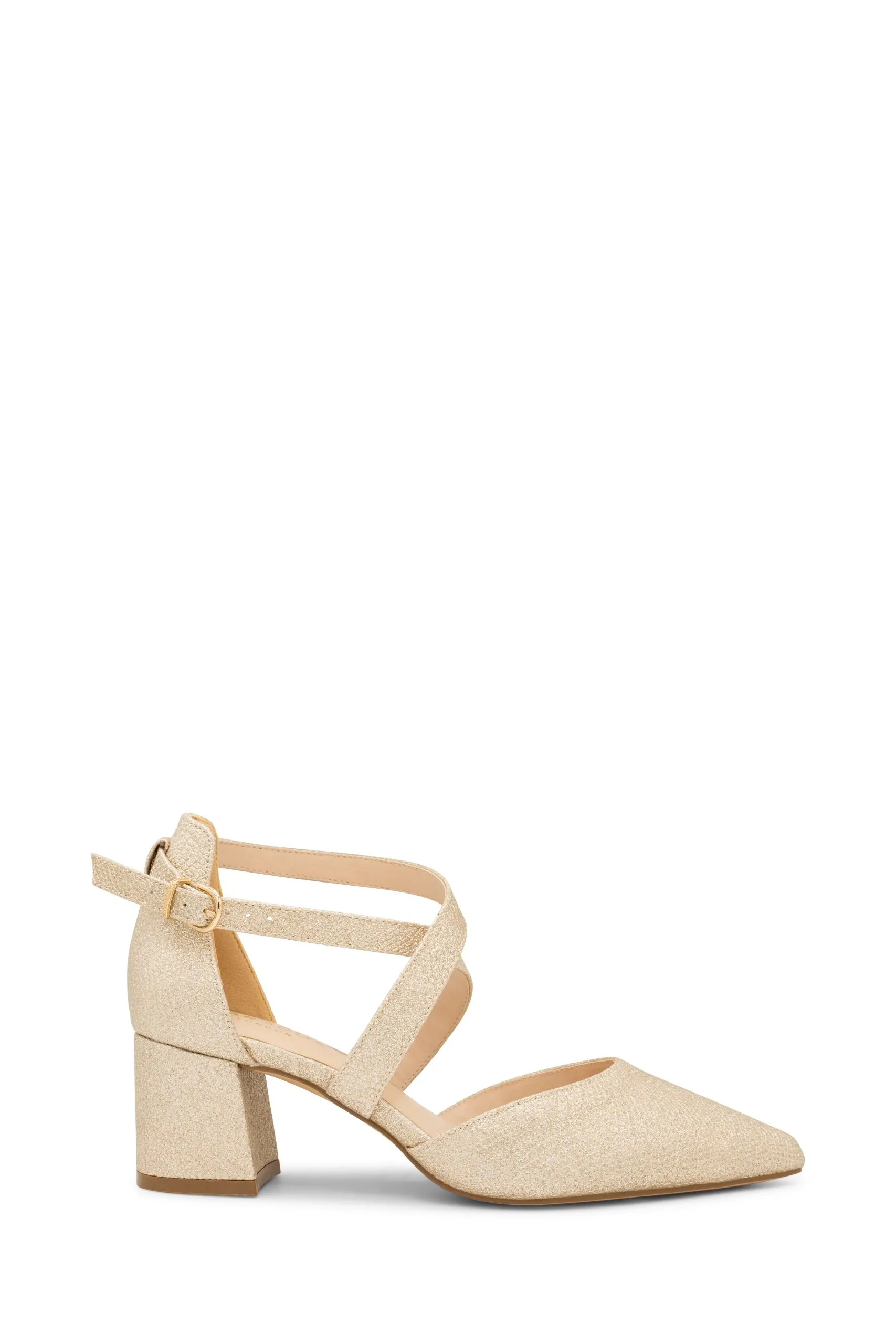 Shimmer 'Farrah' Wide Fit Mid Block Heel Cross Strap Court Shoe