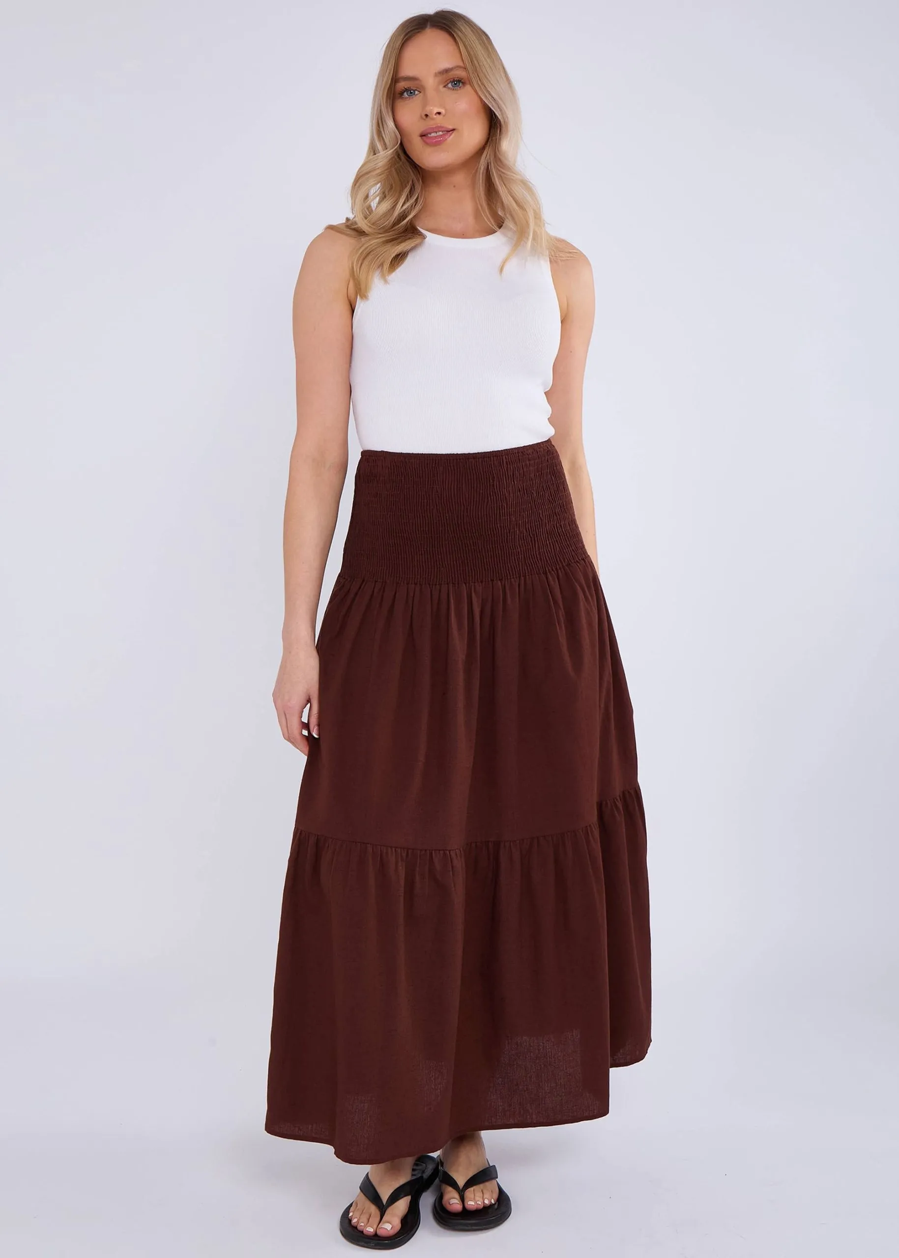 Chocolate Cotton Smock Tiered Cotton Maxi Skirt
