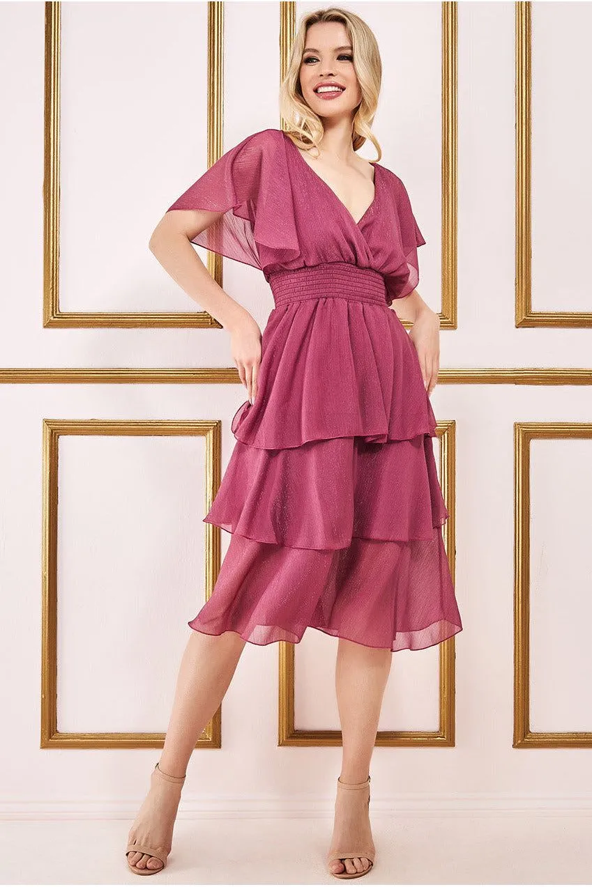 Chiffon Layered Flutter Sleeve Midi Dress