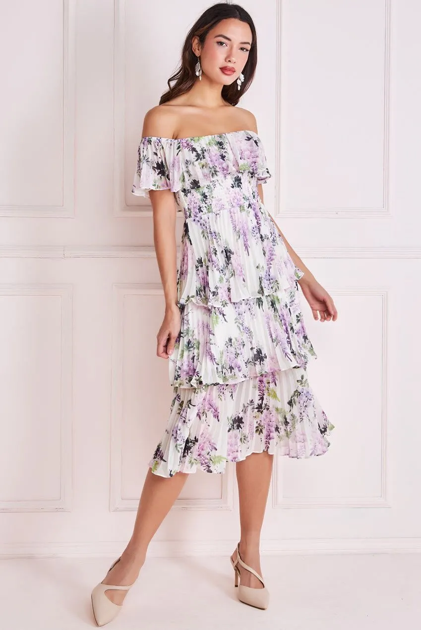 Shirred Chiffon Floral Bardot Midi