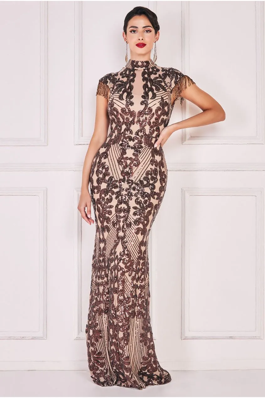 Embroidered Sequin Beaded Cap Sleeve Maxi